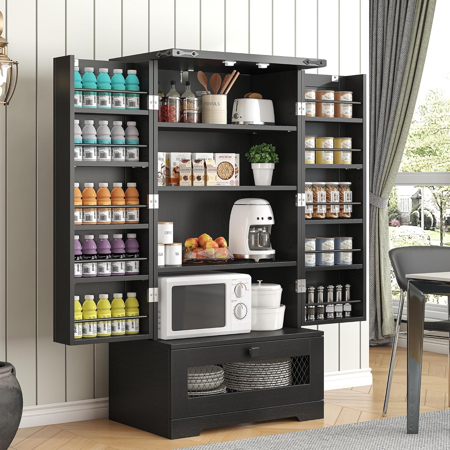 kepptory Farmhouse Pantry Cabinet with Barn Door & Adjustable Shelves, Freestanding Kitchen Storage Cabinet for Dining Room, Bathroom, Hallway (Black)
