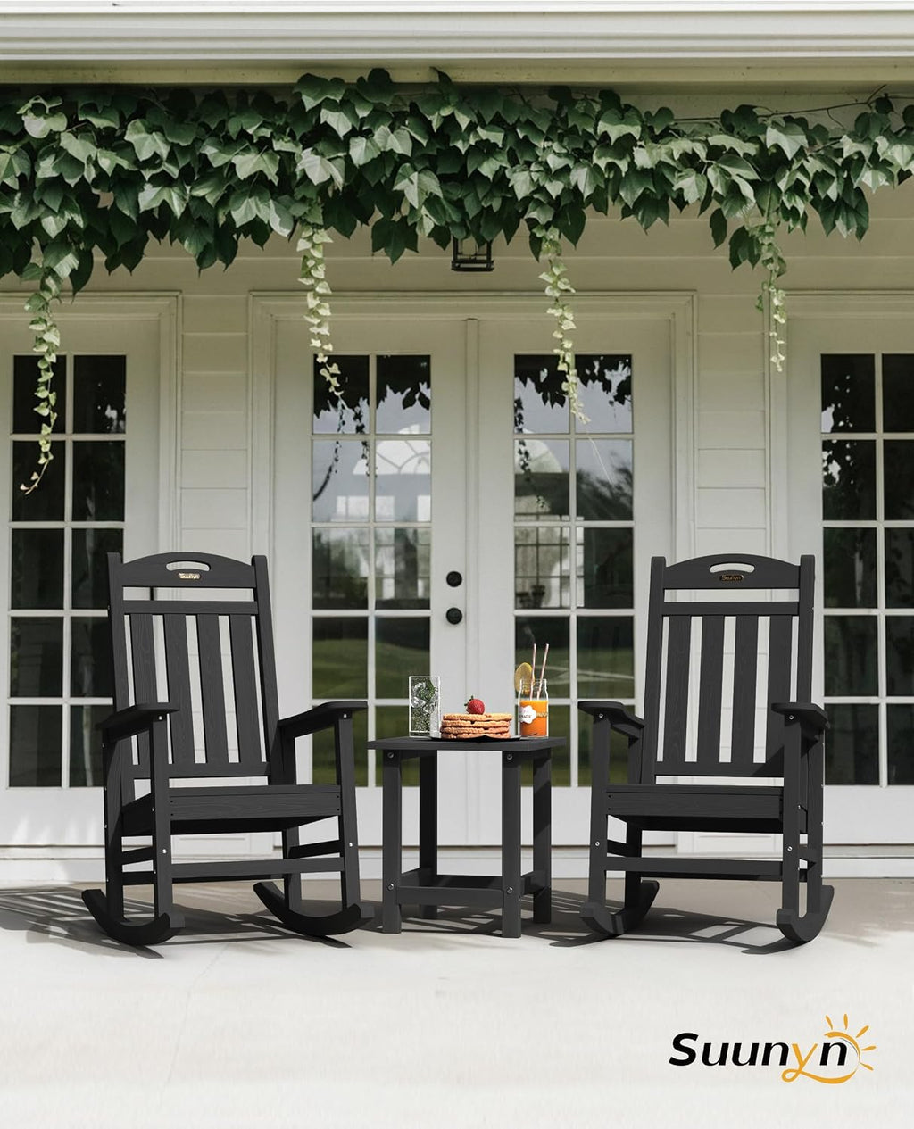 Oversized Outdoor Rocking Chairs Set of 2, High Back Porch Rocking Chair, HDPE All Weather Resistant Rocking Chairs for Patio, 380lbs Weight Capacity, Black