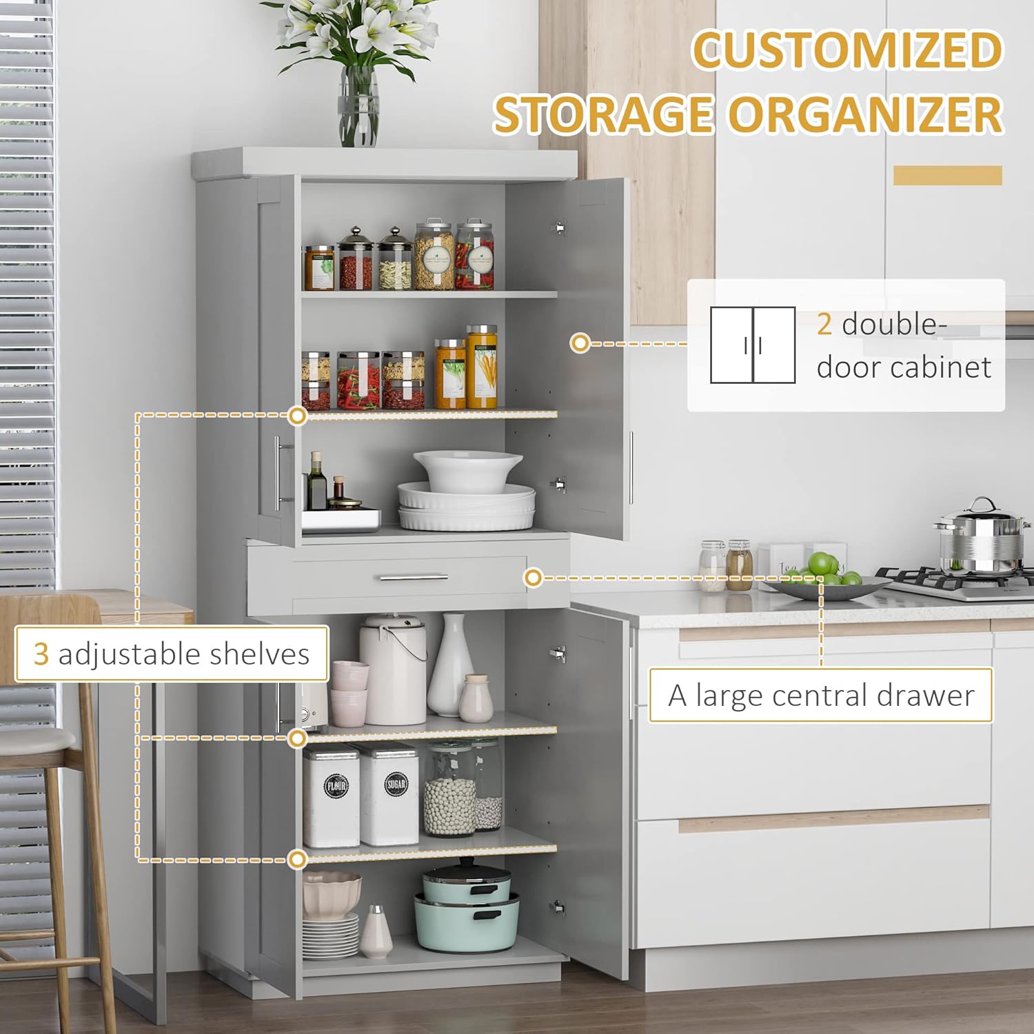 Modern Kitchen Pantry Freestanding Cabinet Cupboard with Doors and Drawer, Adjustable Shelving, Grey,15.75 * 30 * 72