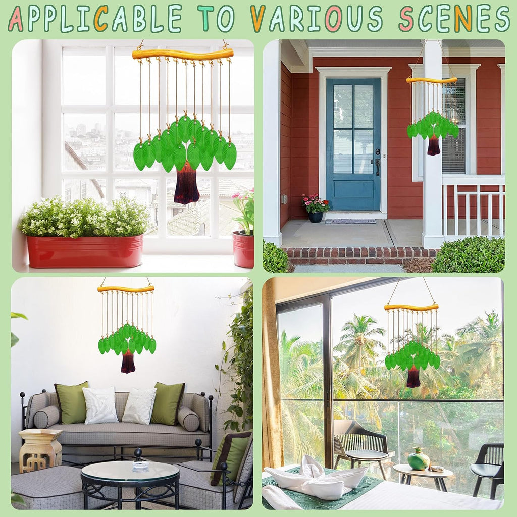 Leaf Shape Glass Wind Chimes for Outside Decoration, Green Tree Windchimes Outdoors Unique, Handcrafted Suncatcher Glass Art Wind Chimes for Women, Hanging Outdoor Christmas Decor