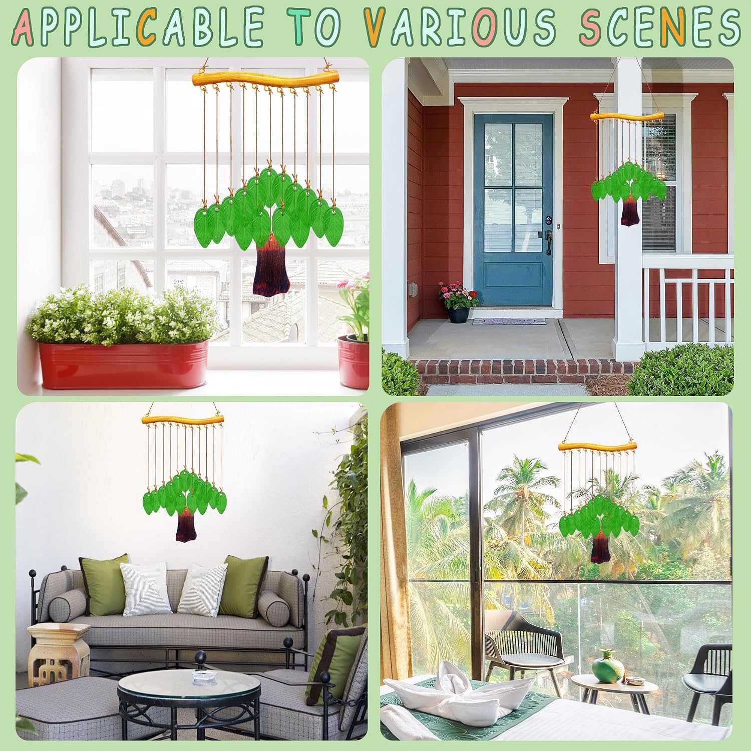 Leaf Shape Glass Wind Chimes for Outside Decoration, Green Tree Windchimes Outdoors Unique, Handcrafted Suncatcher Glass Art Wind Chimes for Women, Hanging Outdoor Christmas Decor