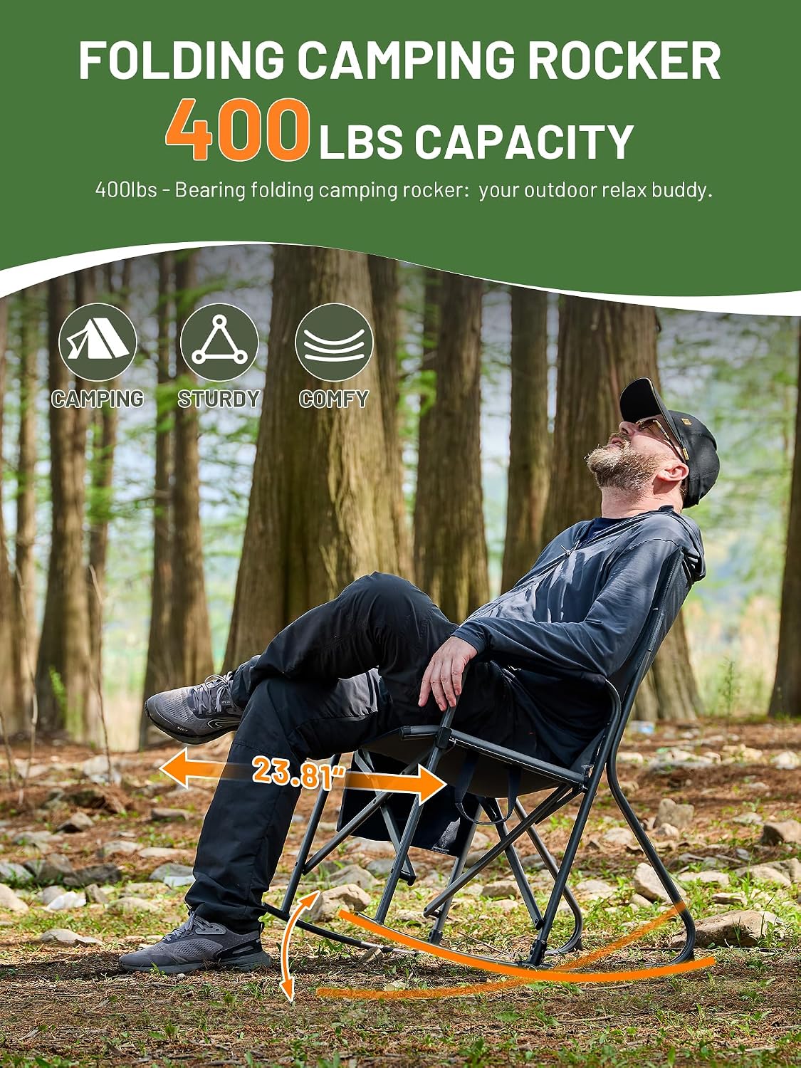 Timber Ridge Folding Oversized Rocking Camping Chair, 400lbs Capacity Portable Outdoor Rocker with Hard Armrests, Cup Holder & Side Pocket, Quick-Fold Design for Outdoor, Patio, Lawn