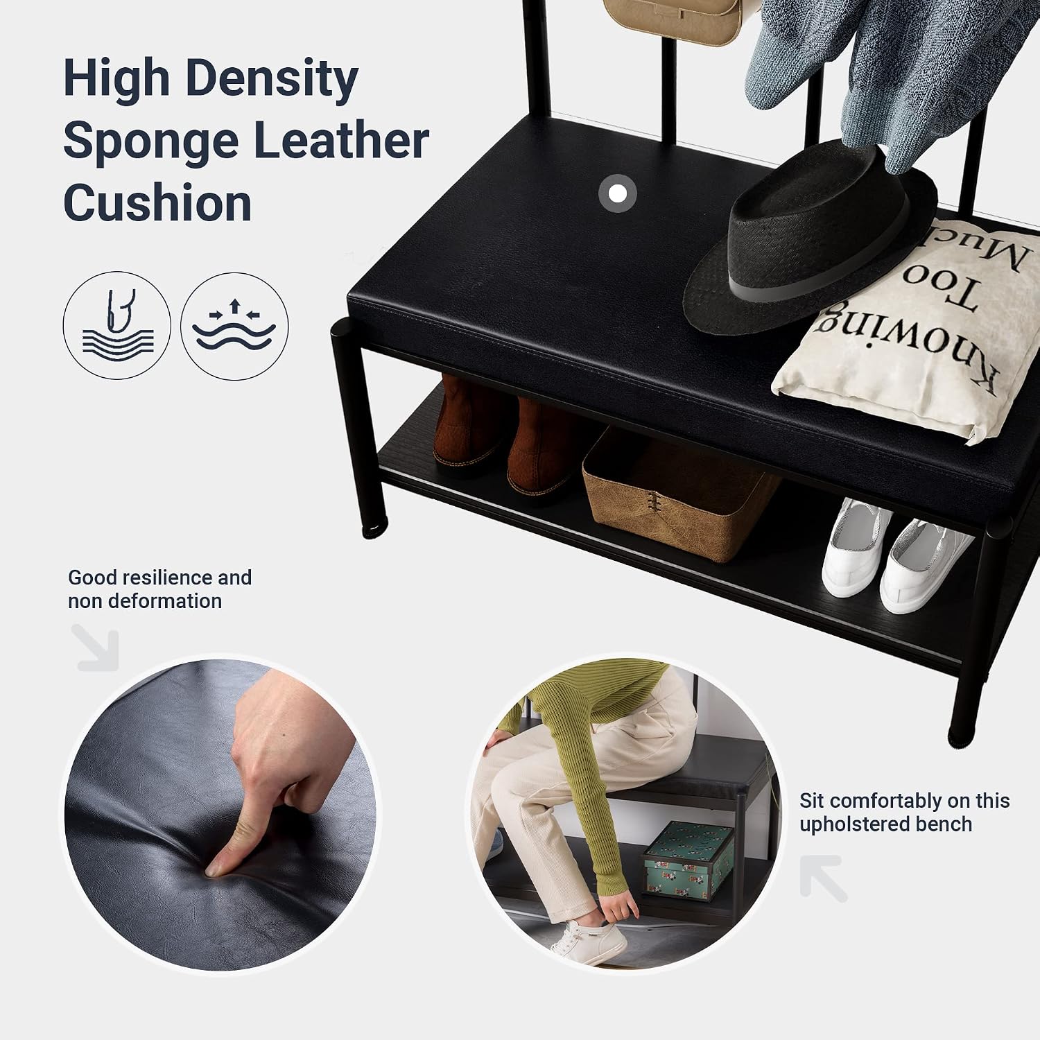 Allewie Coat Rack Shoe Bench, 75" Freestanding Hall Tree, Entryway Bench with Storage Shelves, Upholstered Sponge-Padded Seat, Organized with 5 Hooks, Industrial Furniture, Easy Assembly, Black