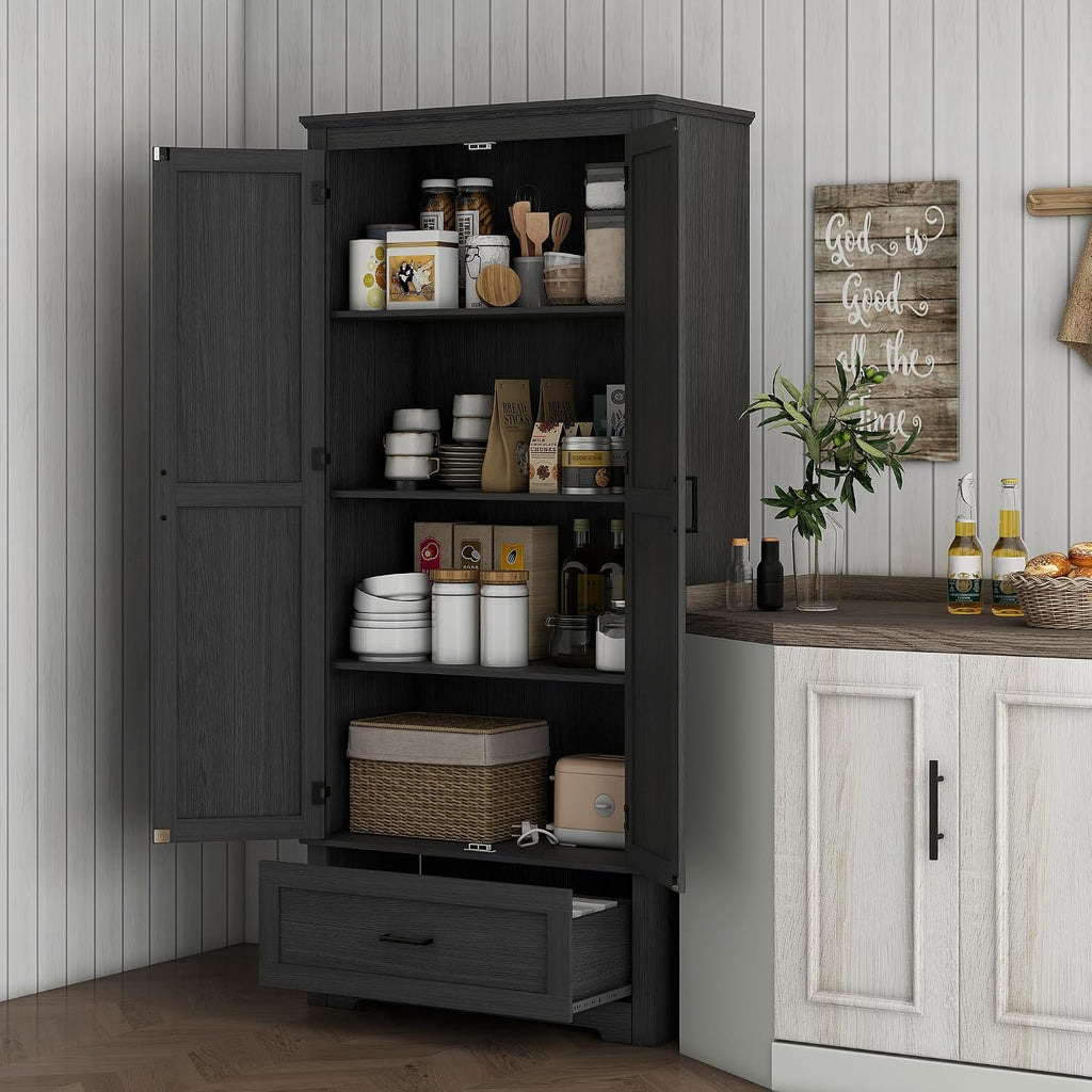 69" Tall Kitchen Pantry Storage Cabinet, Farmhouse Freestanding Pantry Cabinet with 2 Doors, Drawer and Adjustable Shelves for Dining Room, Black,15.7 * 31.5 * 68.9