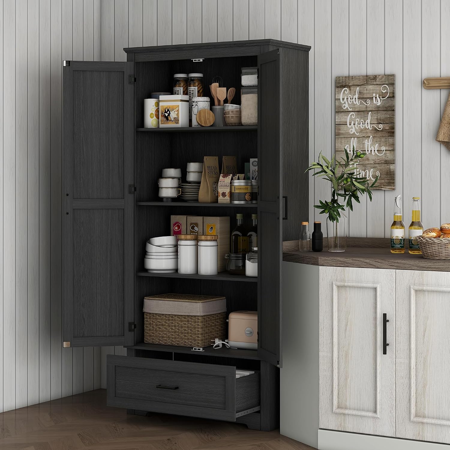 69" Tall Kitchen Pantry Storage Cabinet, Farmhouse Freestanding Pantry Cabinet with 2 Doors, Drawer and Adjustable Shelves for Dining Room, Black,15.7 * 31.5 * 68.9