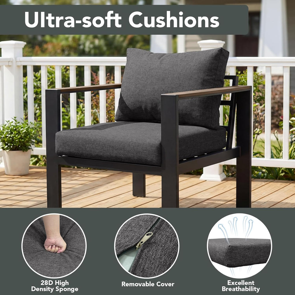 Outdoor Patio Furniture Set 2 Pieces Armchair with Washable Thick Cushions, Luxury Aluminum Patio Furniture Chair Modern Outside Sectional Set for Porch, Balcony, Deck, Yard, Dark Gray