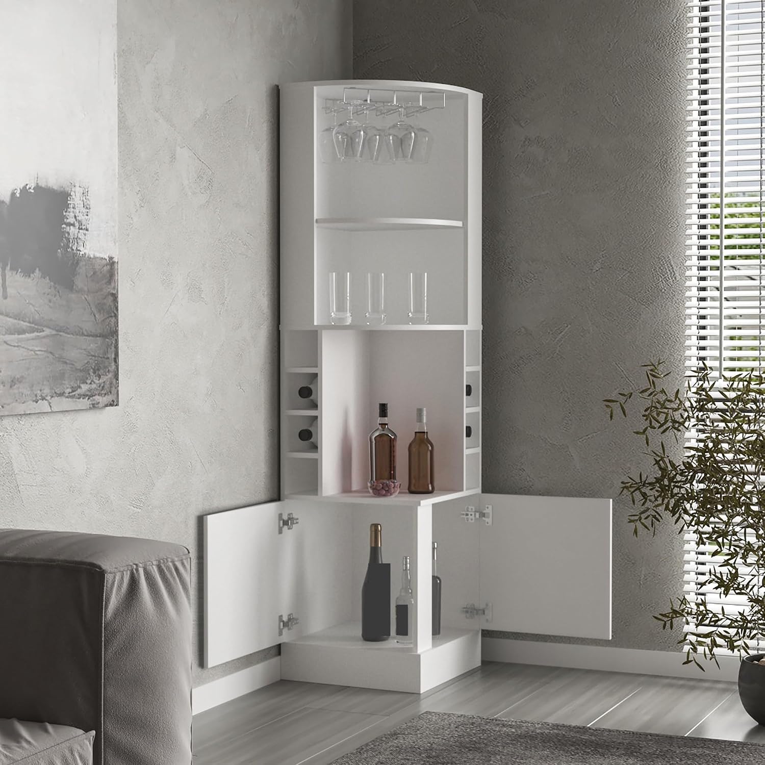 Farmhouse Corner Cabinet, Double Door Cabinet with Glass Rack, Eight Built-in Wine Rack,for Kitchen Home