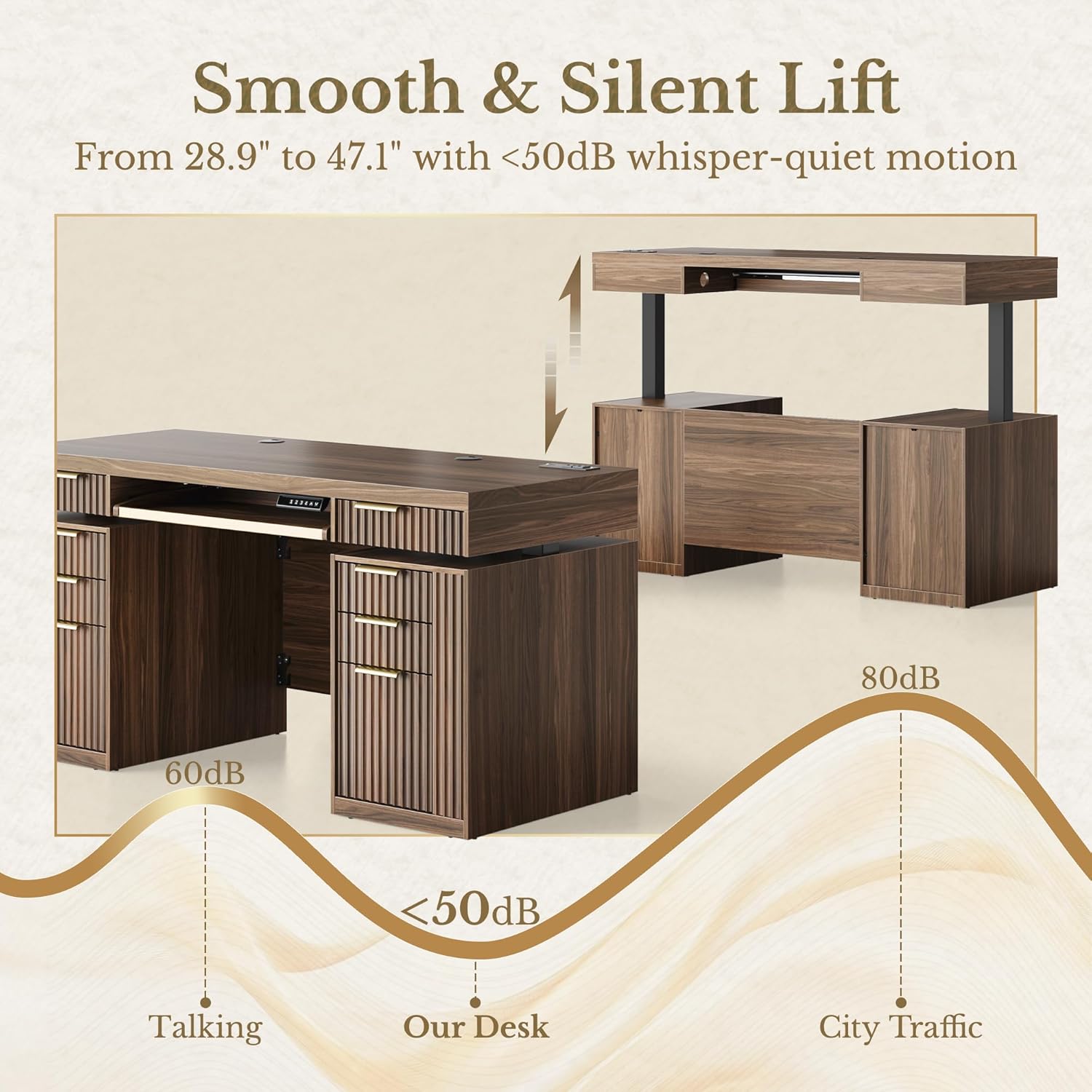 59 Inch Standing Desk with Storage Drawers, Executive Electric Height Adjustable Desk with Keyboard Tray, File Cabinet and AC/USB, Fluted Stand Up Desk with Privacy Panel, Black Walnut