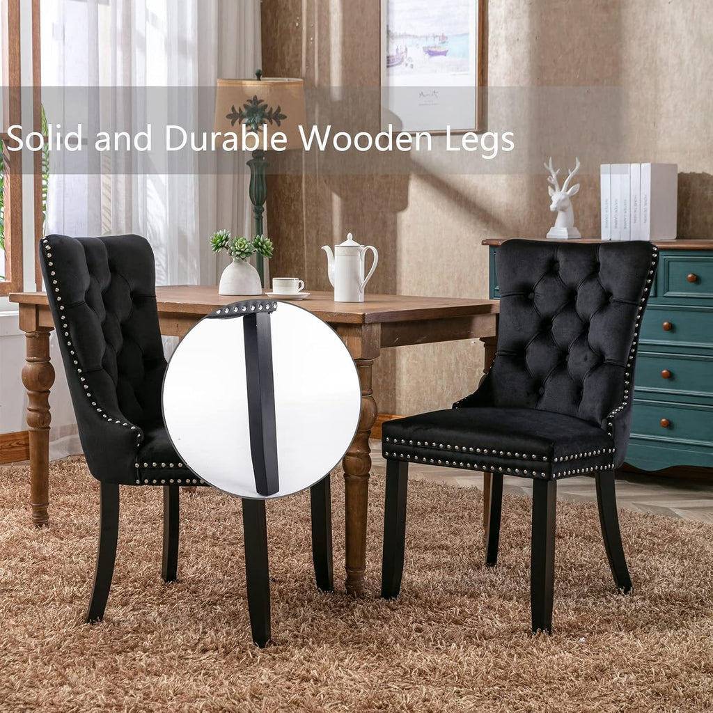 Black Velvet Dining Chairs Set of 4, Modern Upholstered Kitchen Chairs | Solid wood legs;wing back; ring pull; nailhead trim; easy assembly; upholstered dining room chairs for dining table