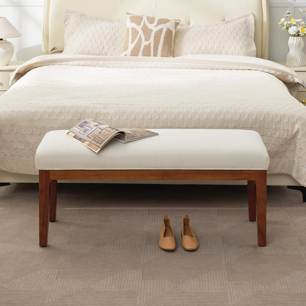 WUTUTUEE 43.5'' Linen Bedroom Bench, Upholstered End of Bed Bench, Padded Vintage Dining Bench, Entryway Bench with Solid Wood Legs, Kitchen, Living Room, Hallway, White