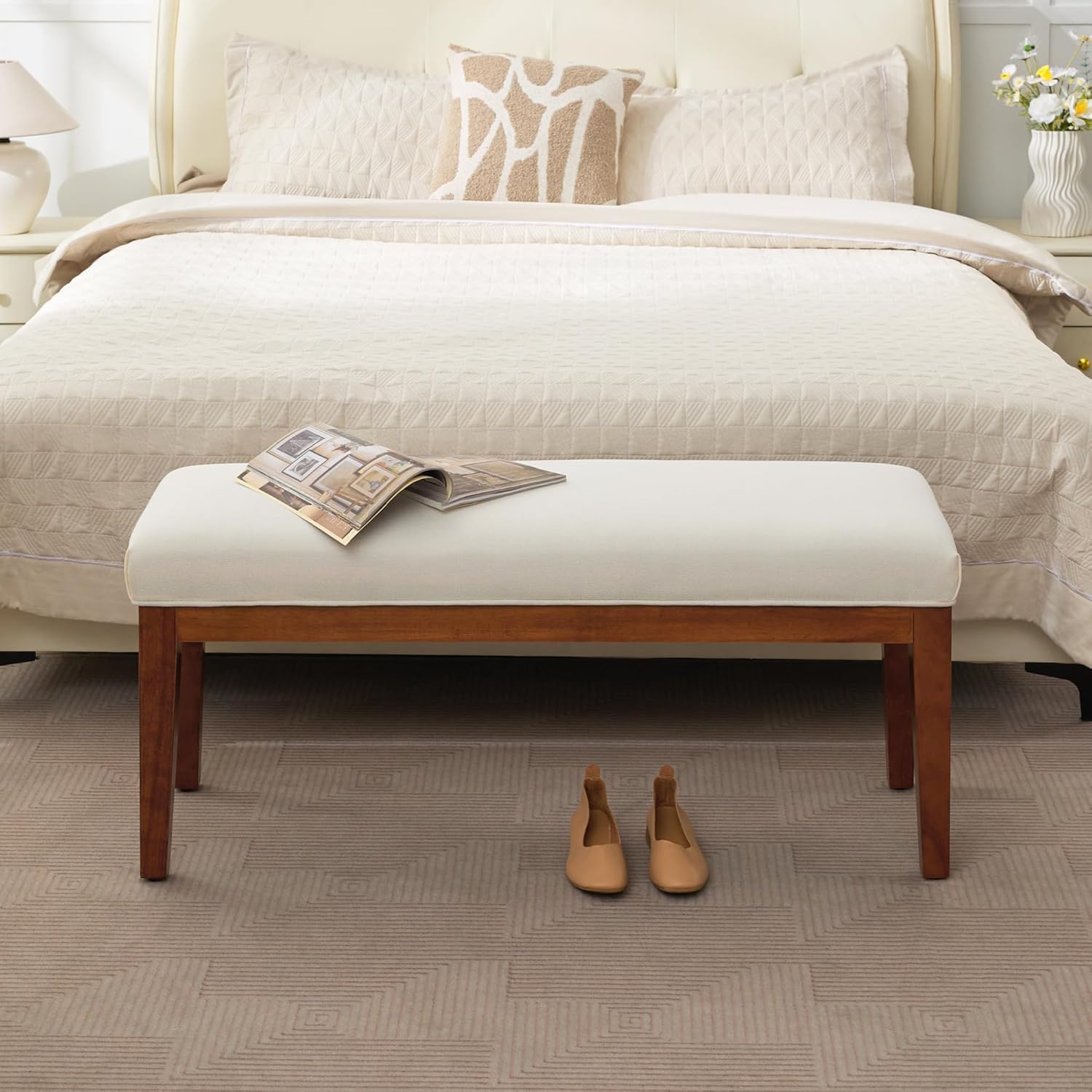 WUTUTUEE 43.5'' Linen Bedroom Bench, Upholstered End of Bed Bench, Padded Vintage Dining Bench, Entryway Bench with Solid Wood Legs, Kitchen, Living Room, Hallway, White
