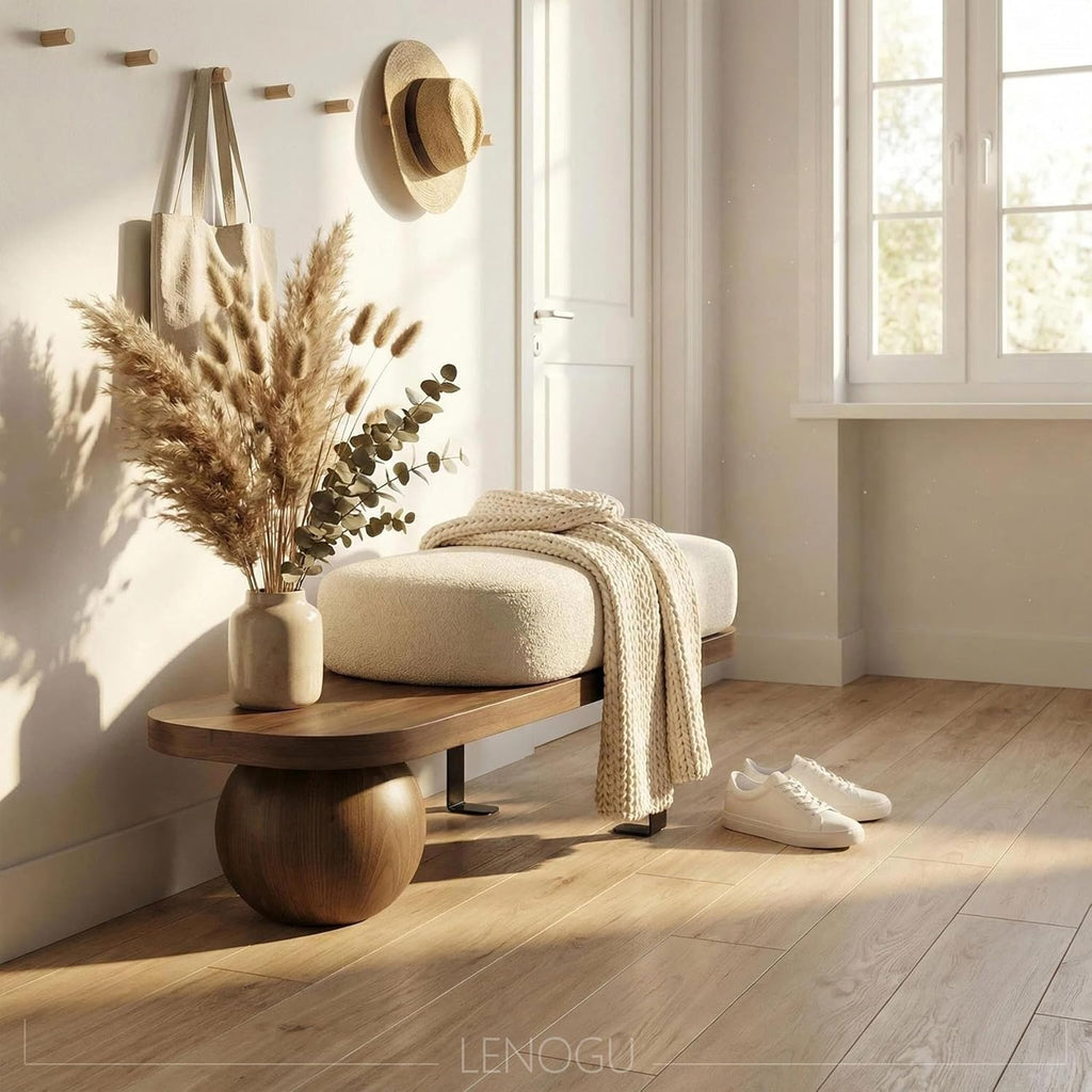 Modern Entryway Bench with Abstract Metal Leg,Wooden Boucle Bench,Upholstered End of Bed Bench,Shoe Changing Bench for Entryway Livingroom Bedroom (140cm/55)