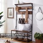3-in-1 Entryway Coat Rack,Vintage Industrial Hall Tree 72 Inch with Storage Bench and Coat Racks Entryway Storage Shelf Organizer with 9 Hooks， Large Size, Wood Look Accent Furniture with Metal Frame