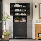 Bevivog Tall Pantry Cabinet with Microwave Shelf, 69" Metal Storage Cabinet with 4 Doors and Adjustable Shelves,Freestanding Metal Kitchen Hutch Cabinet, Black Pantry Closet Storage Shelves with Doors