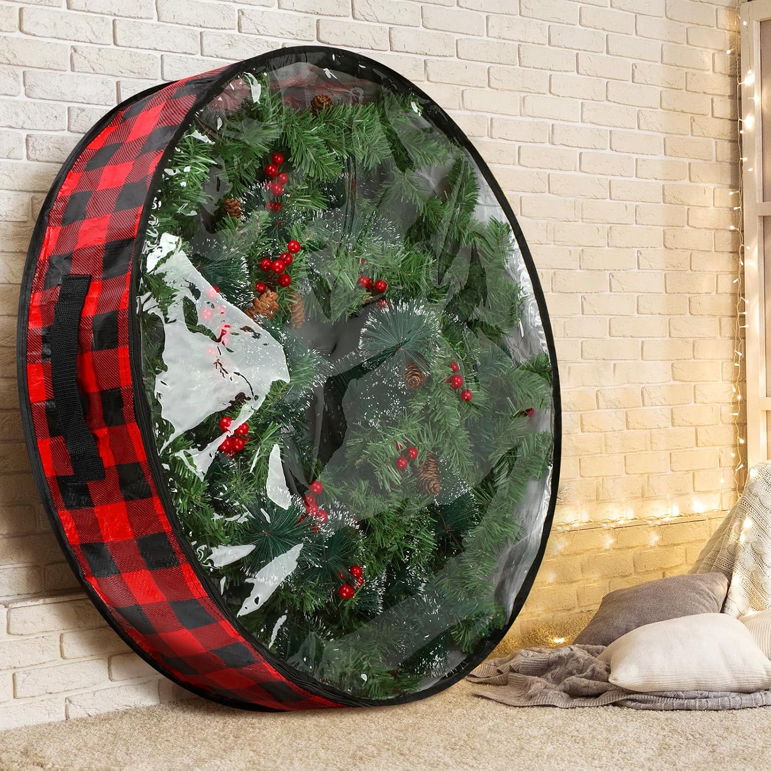 Kingdder 4 Pcs Christmas Wreath Storage Bags 30 Inch Xmas Garland Container Case with Clear Window Handles Zipper Black and Red Buffalo Plaid Wreath Box for Holiday Seasonal Storage