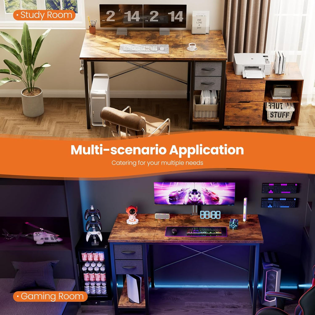 Sweetcrispy 40 Inch Computer Desk with Drawers for Home Office Writing Desk X Shaped Reinforcement Wood Surface Adjustable Position Modern Study Work Side Hook Metal Frame Storage Station Rust