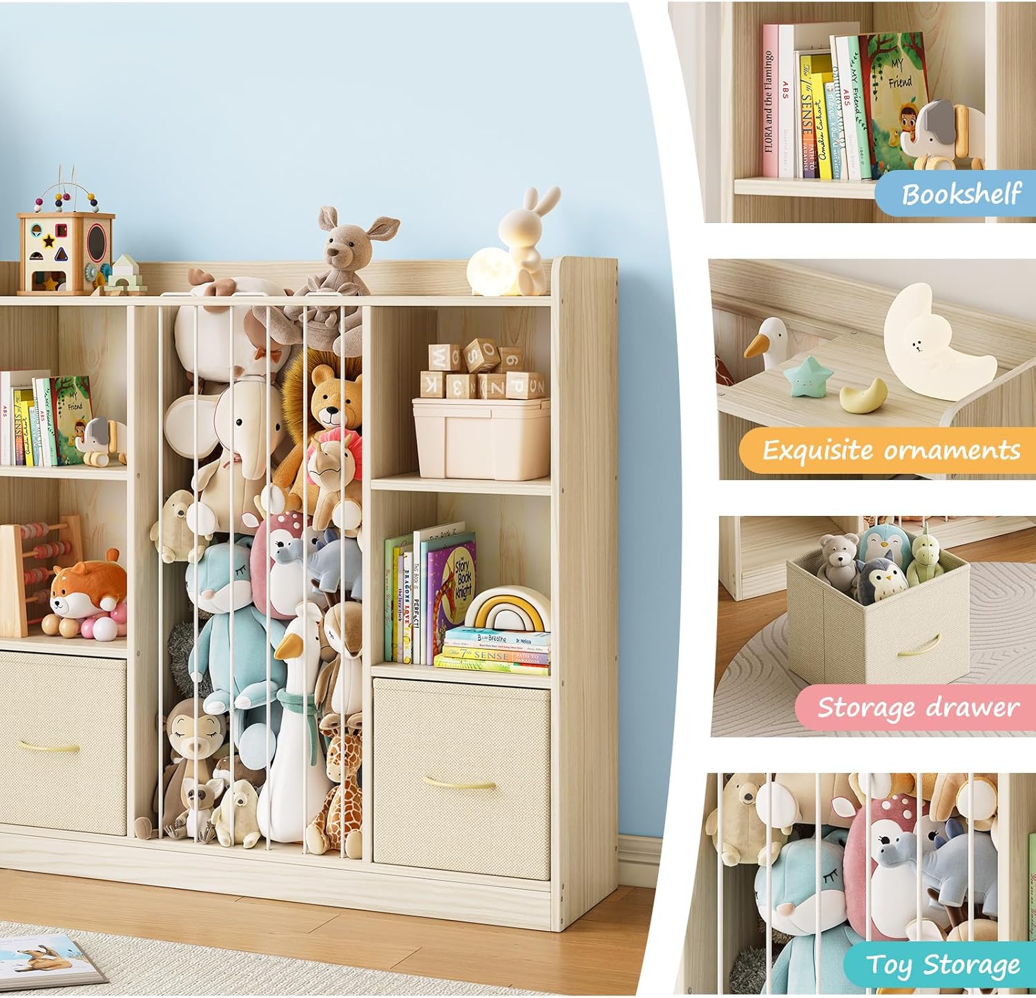 EXPERLAM 4-in-1 Toy Storage Organizer with Stuffed Animal Storage, Solid Pine Kids Bookshelf and Toy Shelf, 6 Cube Shelf with 2 Removable Drawers, Stuffed Animal Zoo for Kids Room, Playroom, Nursery