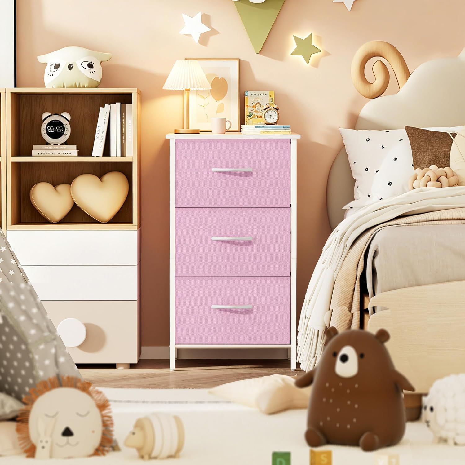 Stero Nightstand, Kids Dresser with 3 Drawers, Steel Frame Bedside Furniture, Wood Top Fabric Night Stand, Colorful End Table for Home, Bedroom, Office, Pink