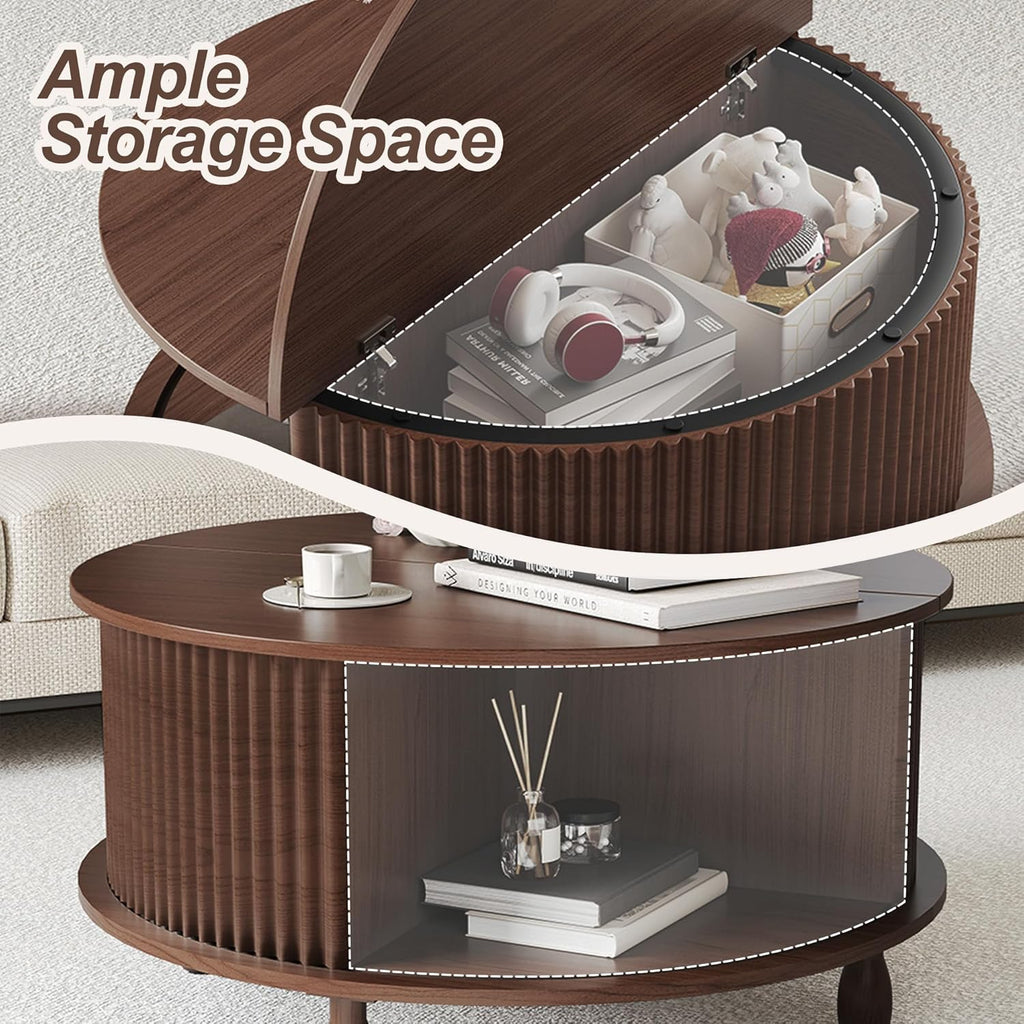 Small Round Coffee Table with Storage, 31.5" Mid Century Modern Coffee Tables with 180° Sliding Cabinet Door, Fluted Circle Drum Center Table for Living Room Small Space, Walnut