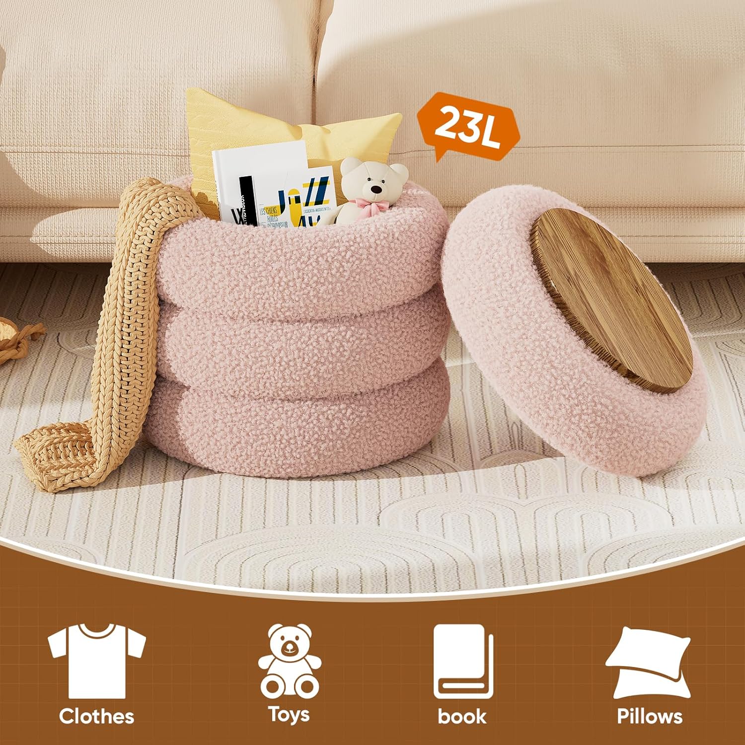 Soft Teddy Round Ottoman with Tray, 17.5 Inches Ottoman Coffee Table with Storage for Living Room, Vanity Stool with Storage Bedroom, Load up to 300 lb, No Assembly Required (Pink)