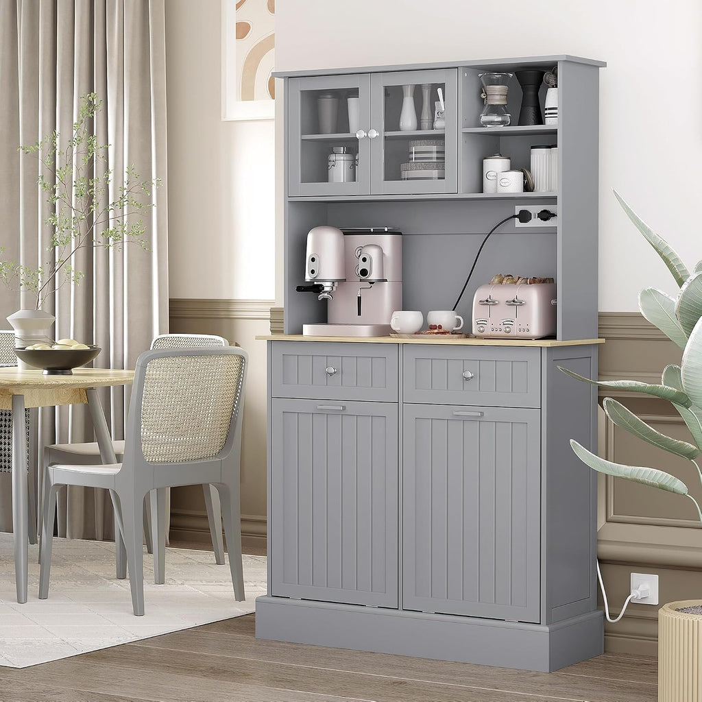39.4" D*13.8" W*67.7" H Freestanding Kitchen Pantry with 2 Drawers, 2 Shelves, Top French Door & Lower Double Door, Rectangular Storage Cabinet, for Living Room, Dining Room, Gray