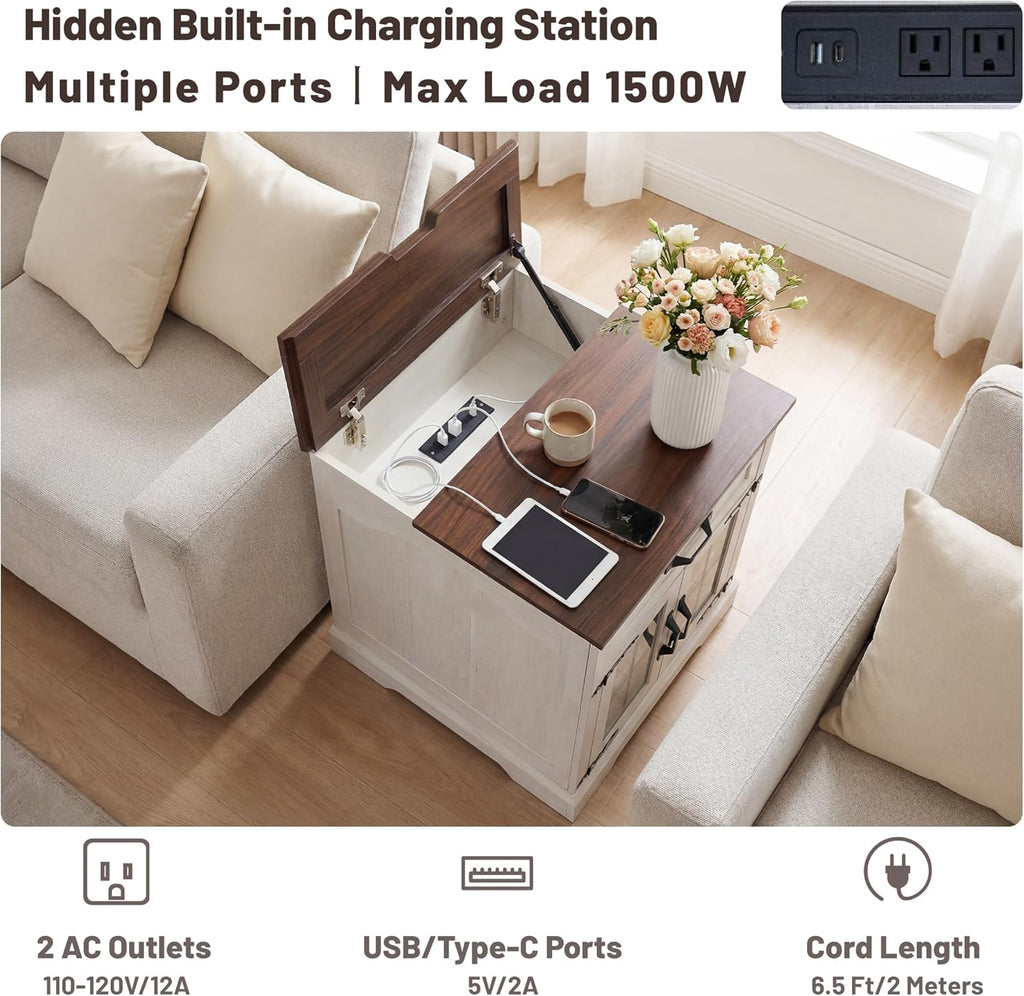 23.6"W Farmhouse End Table Set of 2 with Hidden Charging Station, Side Table with Drawer for Sofa Couch or Bedside, Rustic Wooden Nightstand with Storage for Living Room, Bedroom (Off White Walnut)