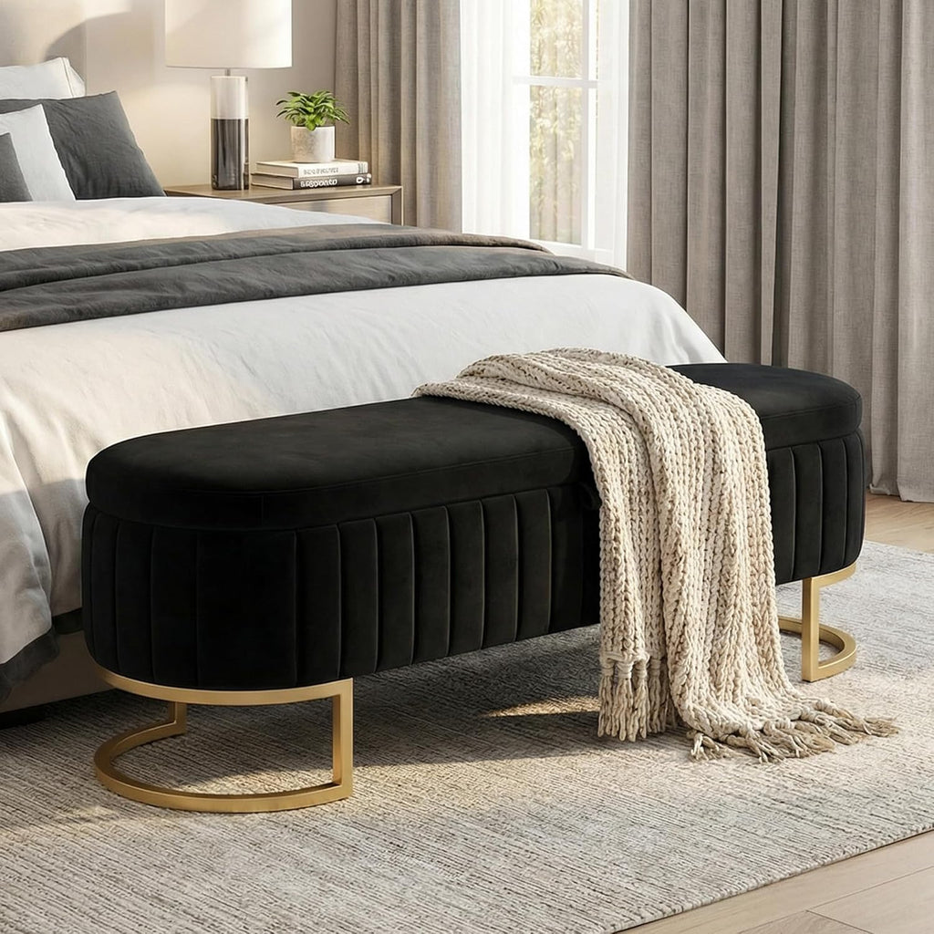 51 Inch Storage Ottoman Bench Velvet End of Bed Storage Bench King Size Upholstered Tufted Bench Large Space for Bedroom Living Room Entryway Black