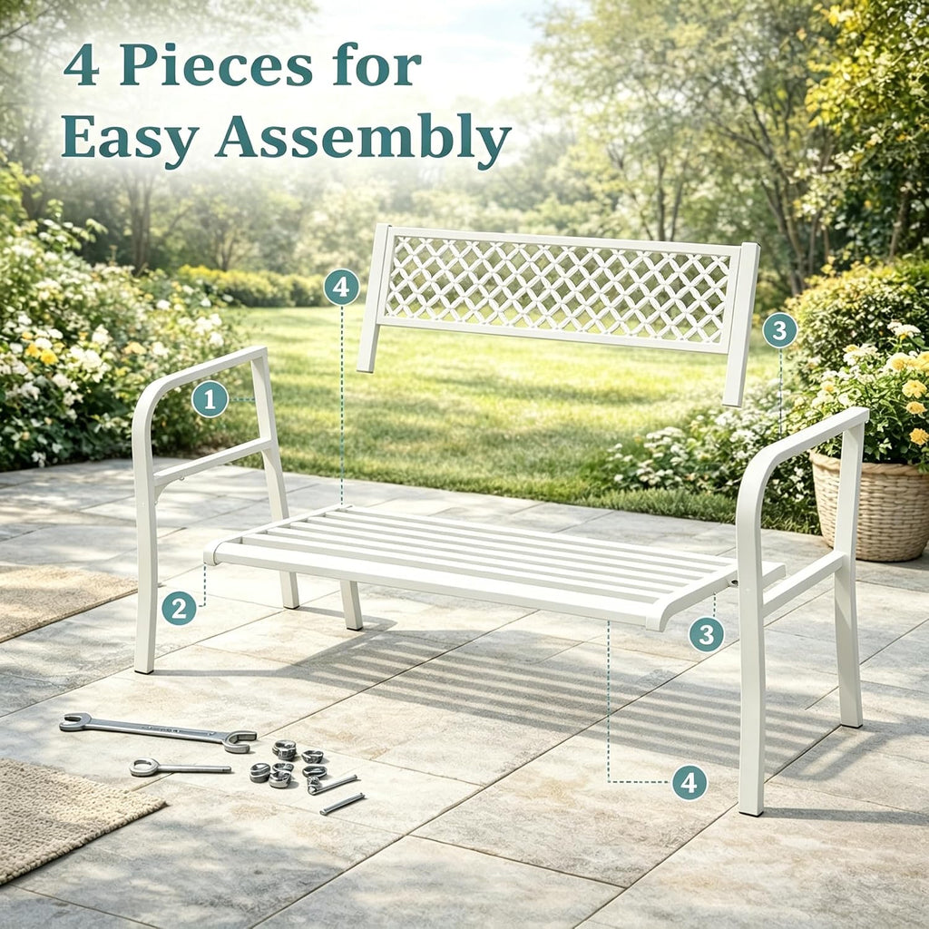 Heavy Duty White Metal Patio Garden Bench for 2 – 50" Wide, 790 lbs Capacity – Weather Resistant – Geometric Backrest & Slatted Seat – Porch, Deck, Entryway, Backyard Seating – White