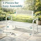 Heavy Duty White Metal Patio Garden Bench for 2 – 50" Wide, 790 lbs Capacity – Weather Resistant – Geometric Backrest & Slatted Seat – Porch, Deck, Entryway, Backyard Seating – White