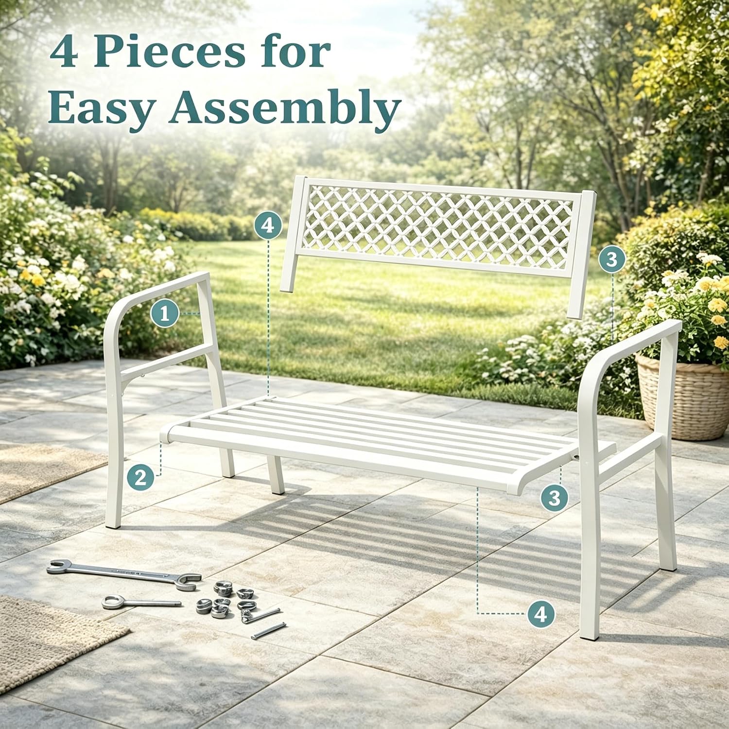 Heavy Duty White Metal Patio Garden Bench for 2 – 50" Wide, 790 lbs Capacity – Weather Resistant – Geometric Backrest & Slatted Seat – Porch, Deck, Entryway, Backyard Seating – White