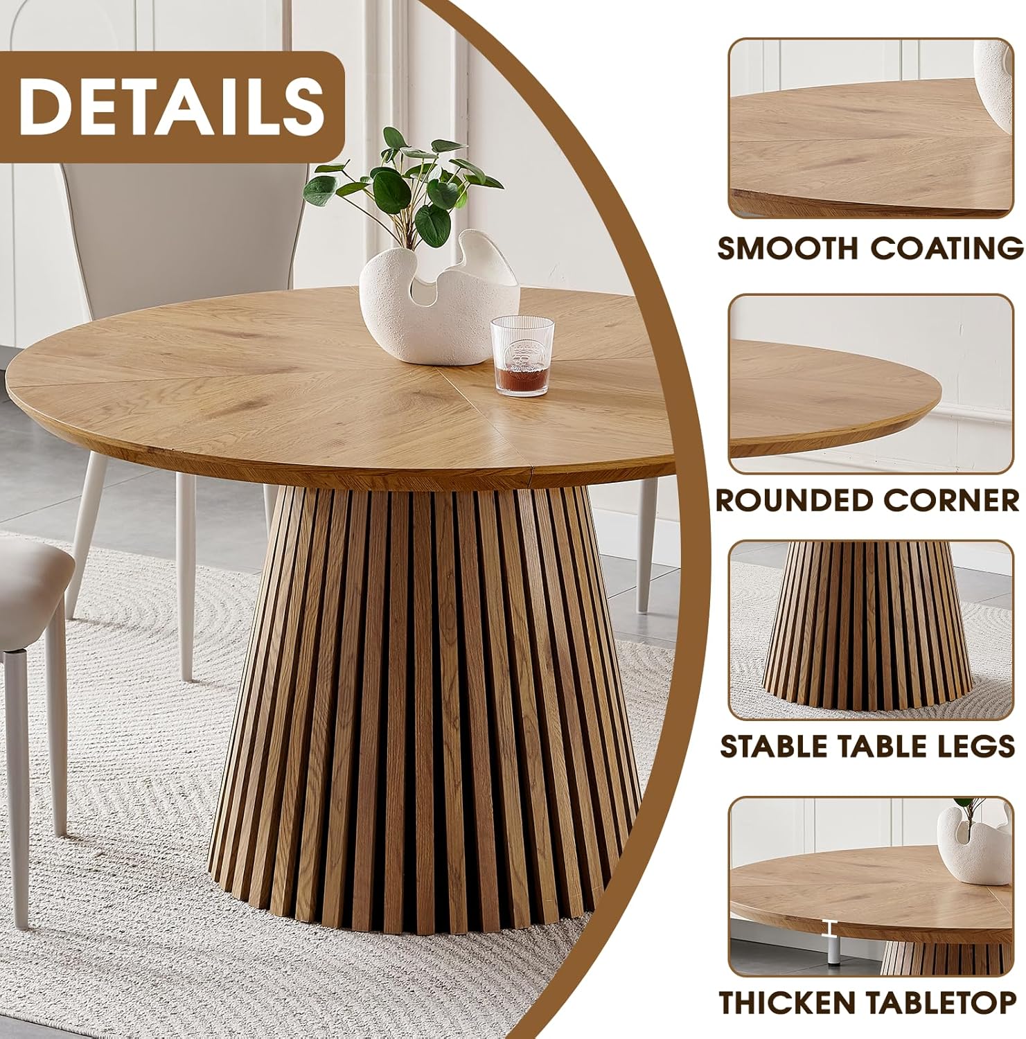 Modern Round Dining Table with Fluted Pedestal Base, Natural Wood Finish, 47.24 Inch Diameter, Contemporary Kitchen Table for Living Room and Dining Room