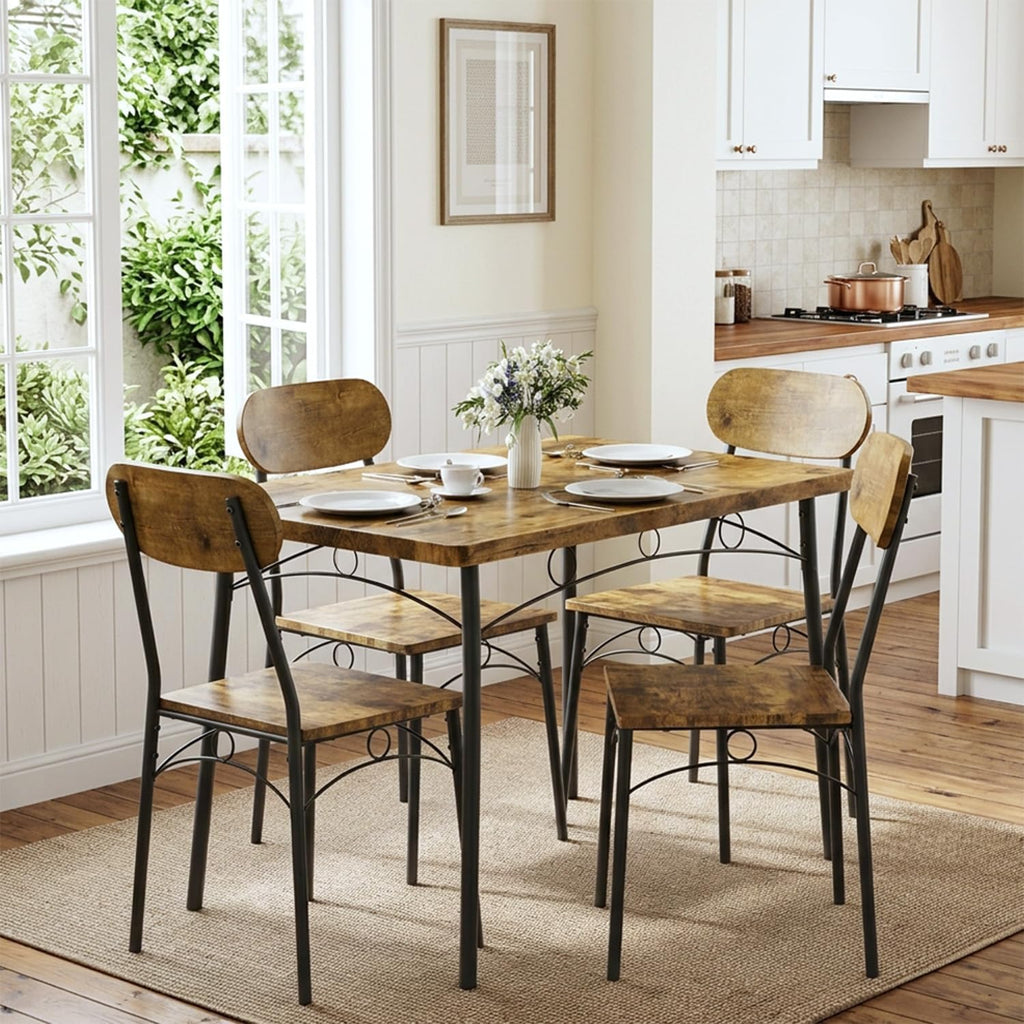 VECELO Dining Table Set for 4, 5-Piece Kitchen Table with 4 Chairs, MDF Board Tabletop with Metal Frame for Small Space, Compact Dinette, Breakfast Nook, Brown