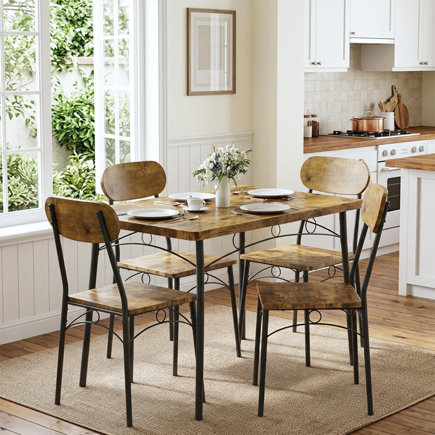 VECELO Dining Table Set for 4, 5-Piece Kitchen Table with 4 Chairs, MDF Board Tabletop with Metal Frame for Small Space, Compact Dinette, Breakfast Nook, Brown