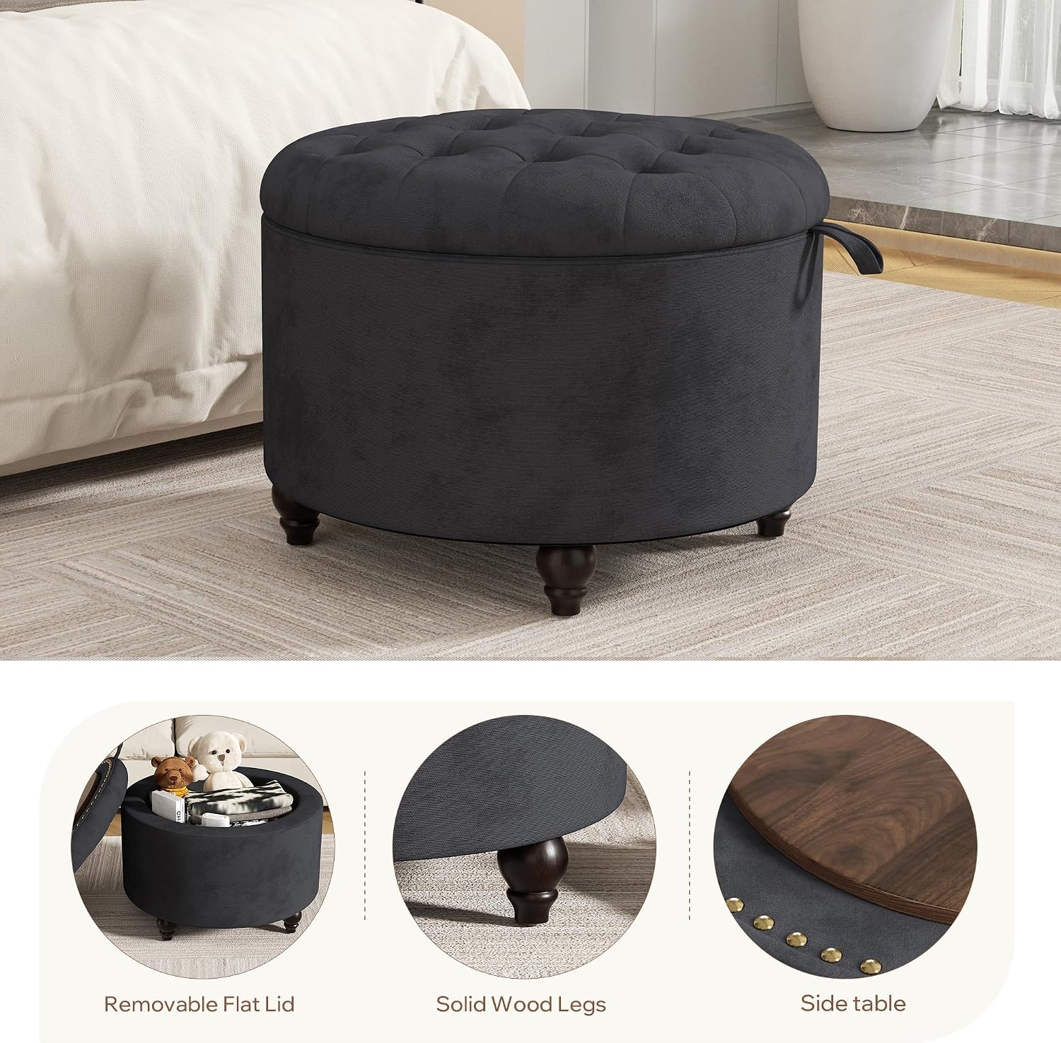24 Inch Round Storage Ottoman,Modern Tufted Ottomans,Circular Coffee Table with Removable Top,Upholstered Large Ottoman with Storage Footrest Stool for Bedroom Living Room (Darkgrey)