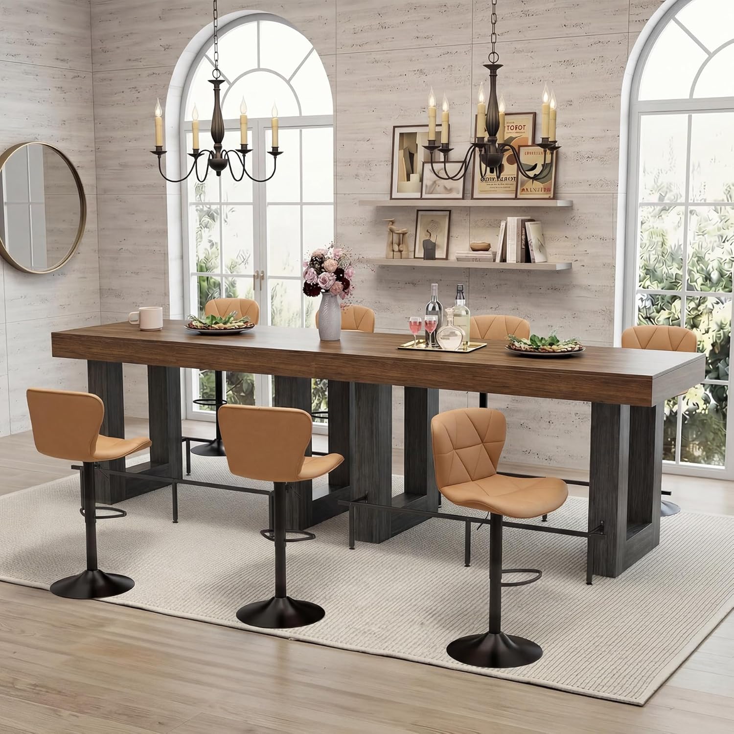 Miereirl 62.99 Inch Counter Height Table，Bar Counter Height Dining Table，Bar Table with Metal Footrest ，for Kitchen, Living Room, Bar， Seats 4-6 People, Brown&Black