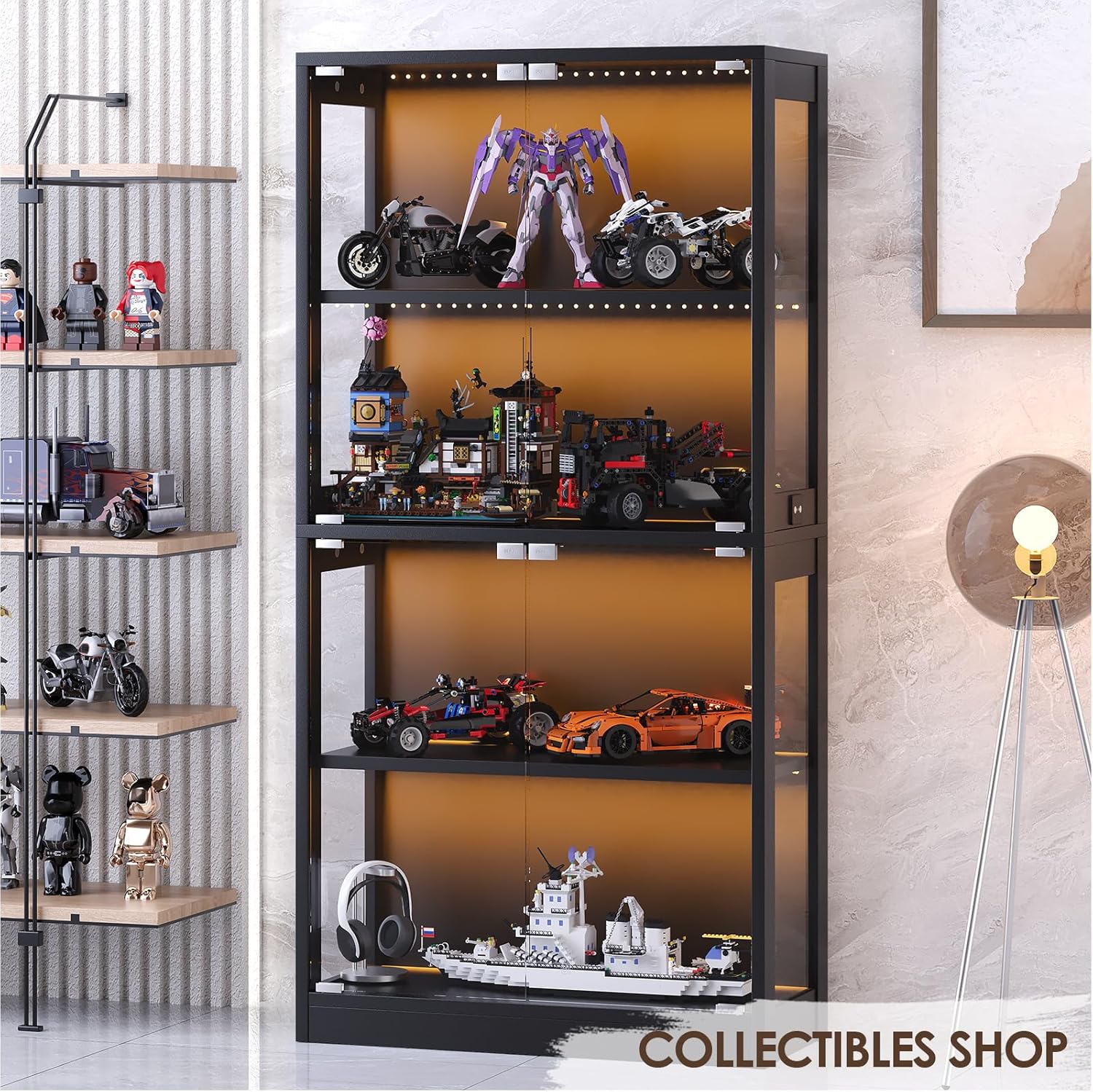 Airynee Display Cabinet with Glass Doors, 4-Tier Curio Cabinet with 7 Vibrant 3 Color Dynamic Lighting Modes, HD Glass Display Case with Human Body Sensor, Bookcase, Storage Cabinets