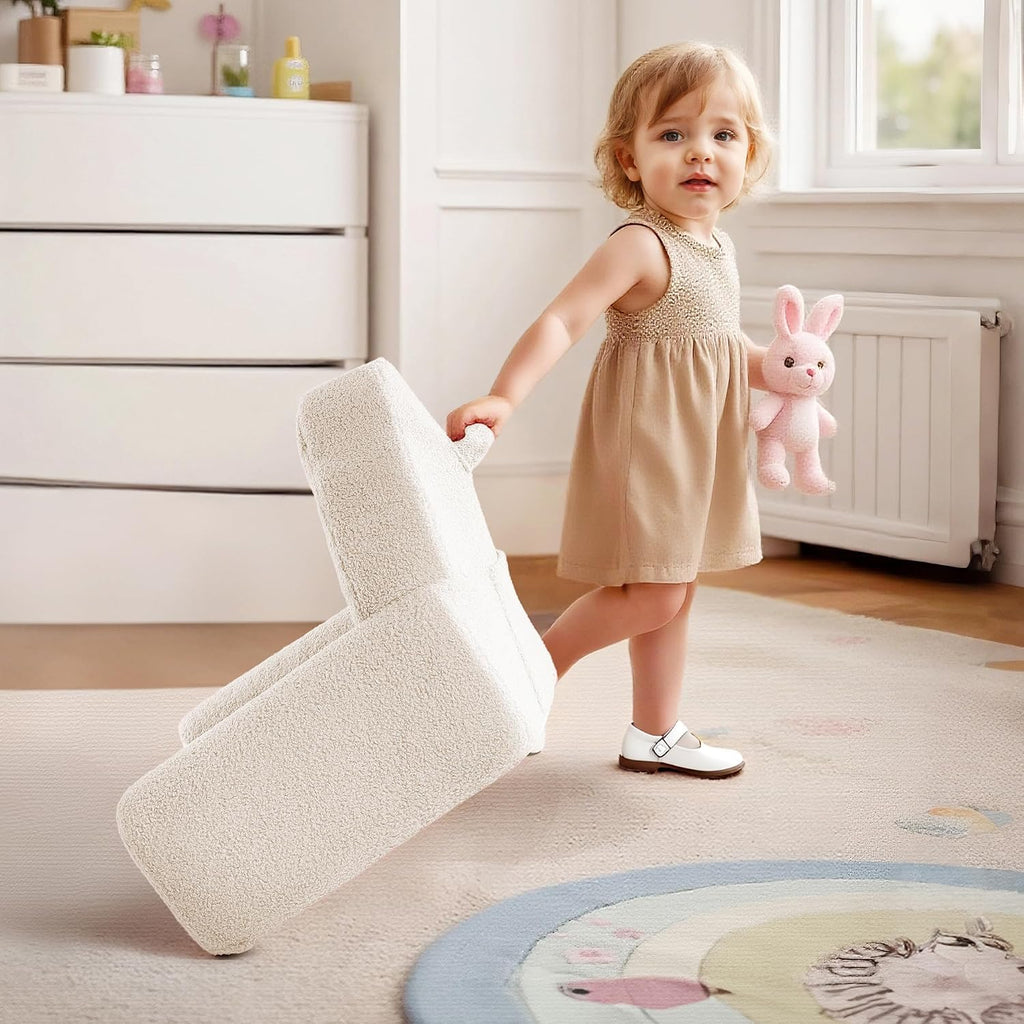 ROBUD Toddler Chair, Comfy Kids Sofa with Teddy Fleece, High Resilience Sponge, and Hidden Storage Pocket, Toddler Couch with Princess Style Design, Kids Couch for Boys and Girls, White