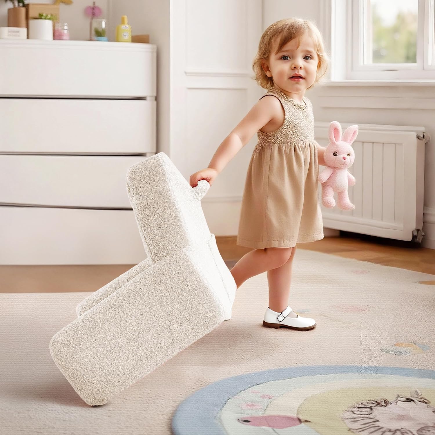 ROBUD Toddler Chair, Comfy Kids Sofa with Teddy Fleece, High Resilience Sponge, and Hidden Storage Pocket, Toddler Couch with Princess Style Design, Kids Couch for Boys and Girls, White
