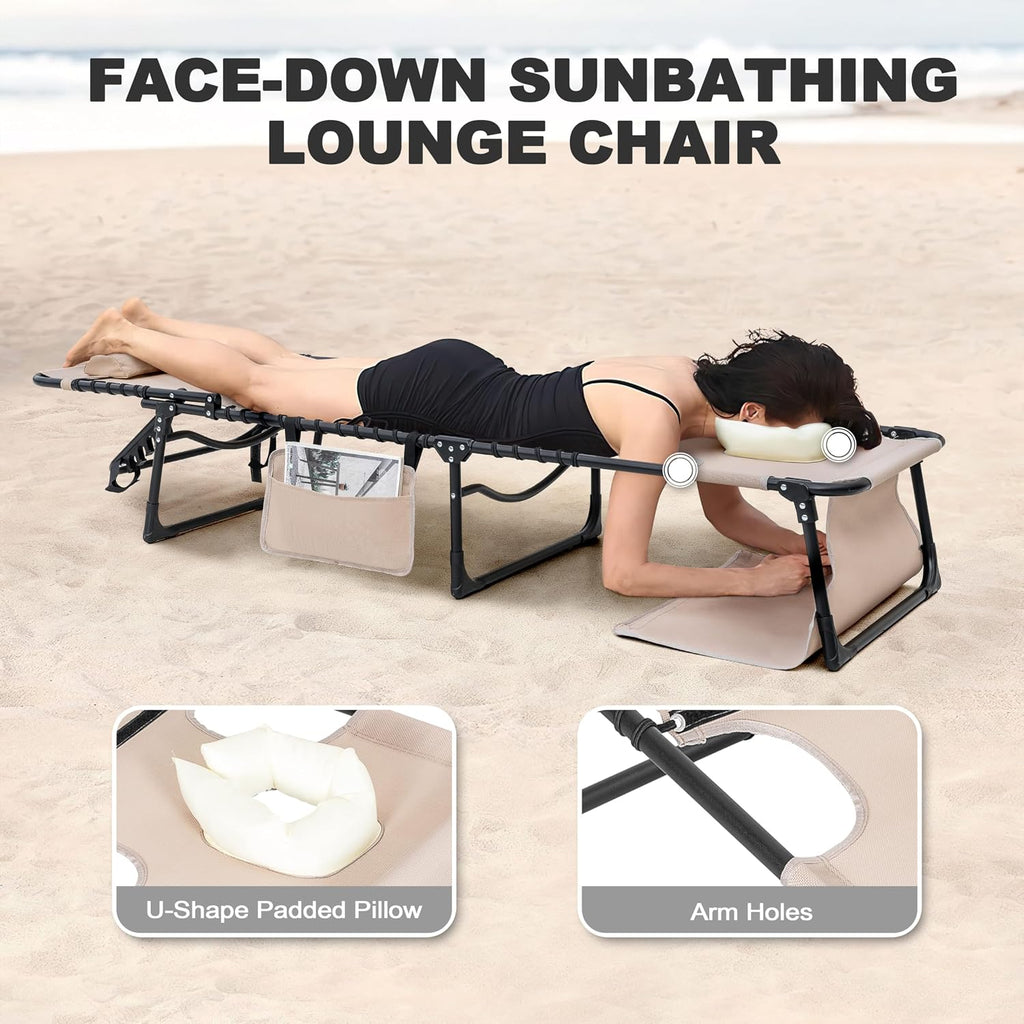 NUU GARDEN Outdoor Foldable Chaise Lounge Chairs, Tanning Chair with Face Hole and Pillow 5-Position Reclining Oxford Fabric - Portable for Beach, Poolside, Patio Camping (Khaki)