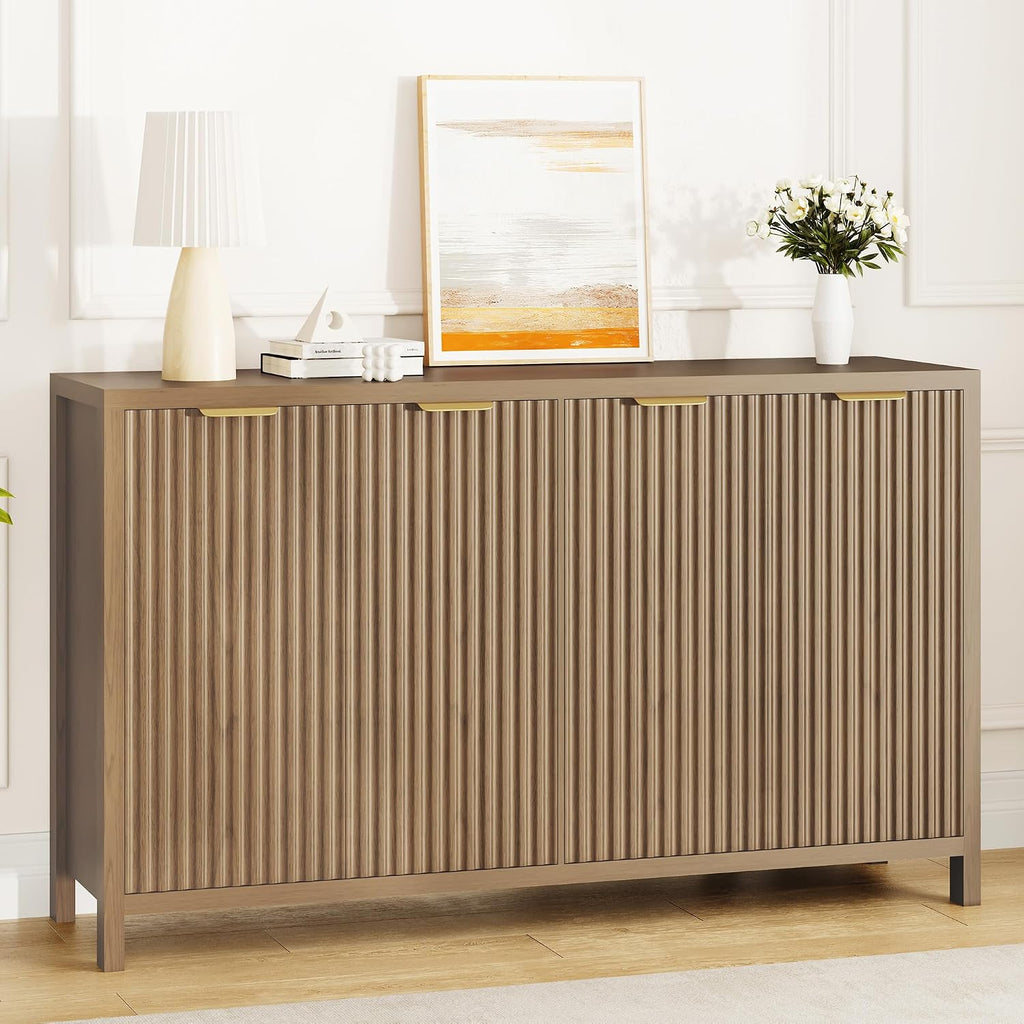 Fluted Buffet Cabinet with Storage, 55" Sideboard Cabinet with 4 Doors, Modern Credenza Accent Console Cabinet Coffee Bar Table for Living Room Dining Room Hallway, Walnut