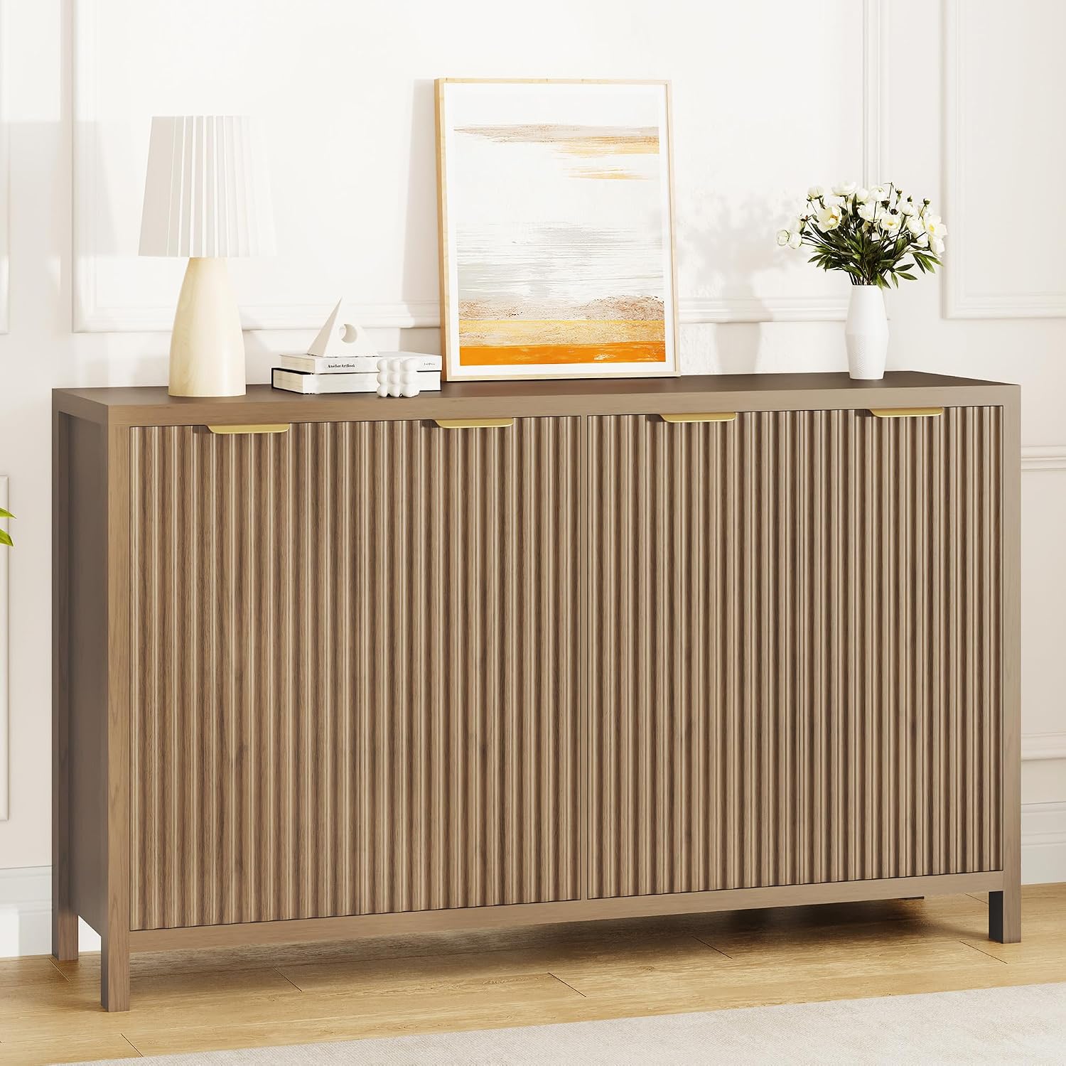 Fluted Buffet Cabinet with Storage, 55" Sideboard Cabinet with 4 Doors, Modern Credenza Accent Console Cabinet Coffee Bar Table for Living Room Dining Room Hallway, Walnut