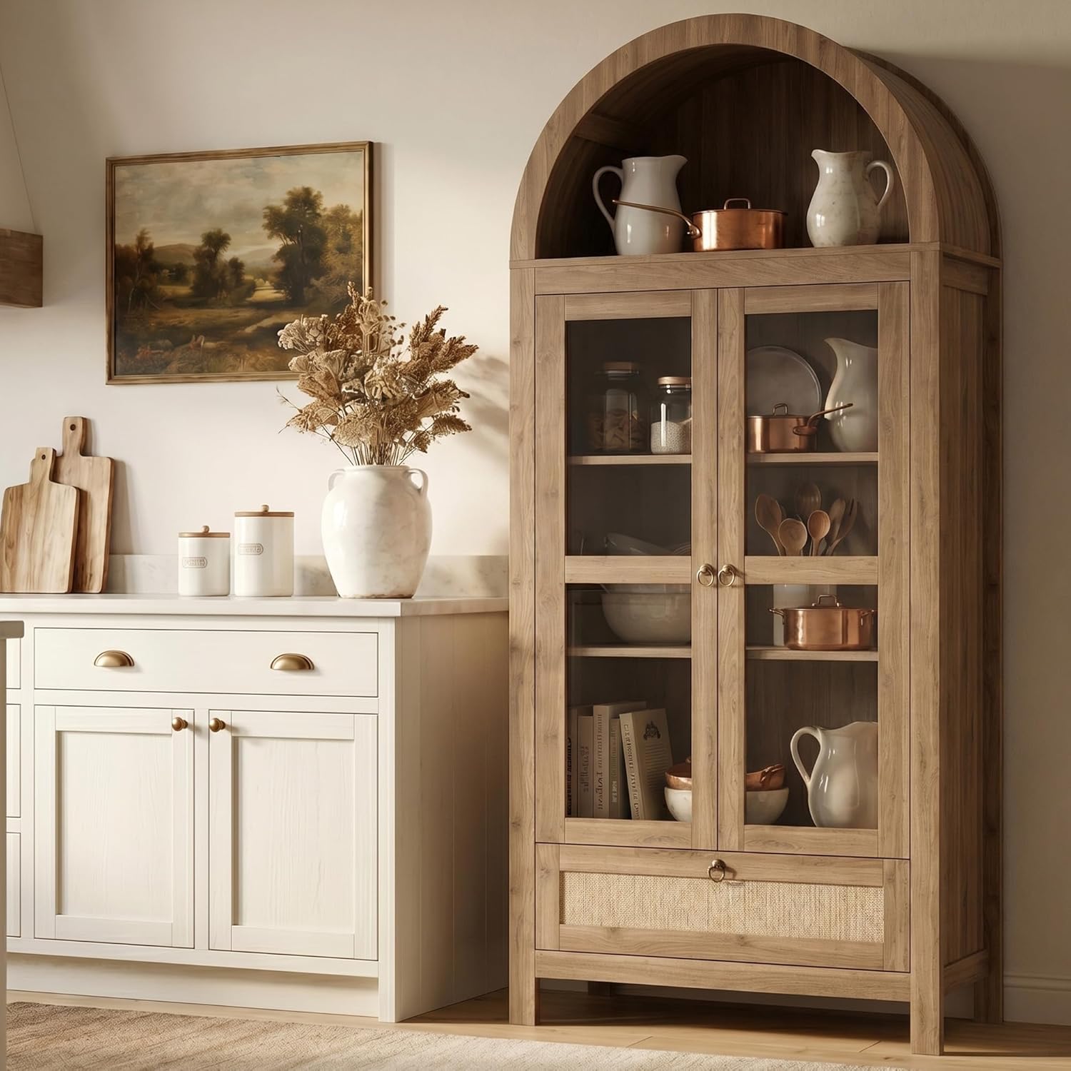 TYBOATLE 71" Tall Arched Pantry Cabinet with Innovative Drawer, Kitchen Cabinet with Anti-Tipping Device and Glass Door, Versatile Cupboard for Kitchen, Dining, Natrual