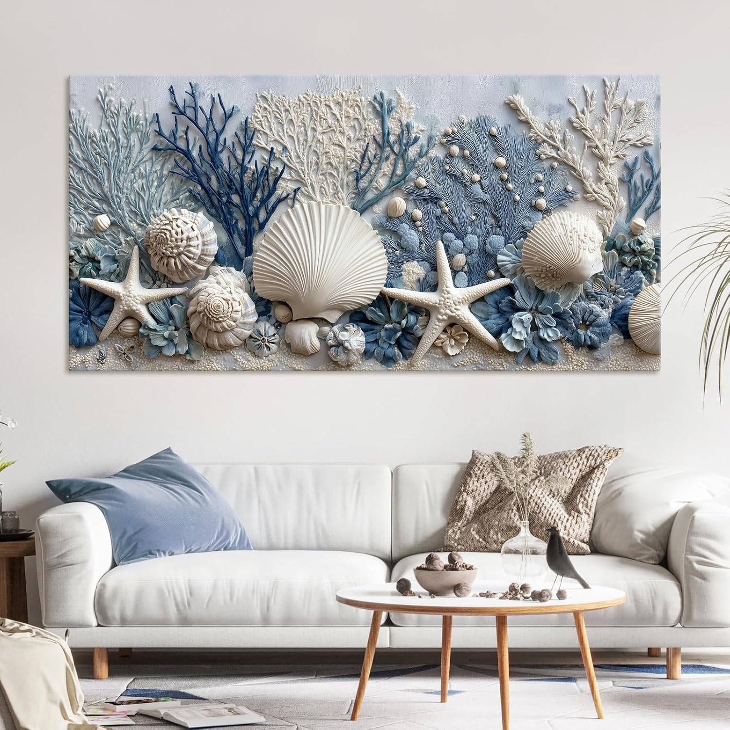 llribbons Coastal Seashell Canvas Wall Art Living Room Bathroom Decor Starfish Coral Seascape Painting Modern Ocean Artwork Prints for Bedroom Beach House Home Decoration Ready to Hang 12" x 24"