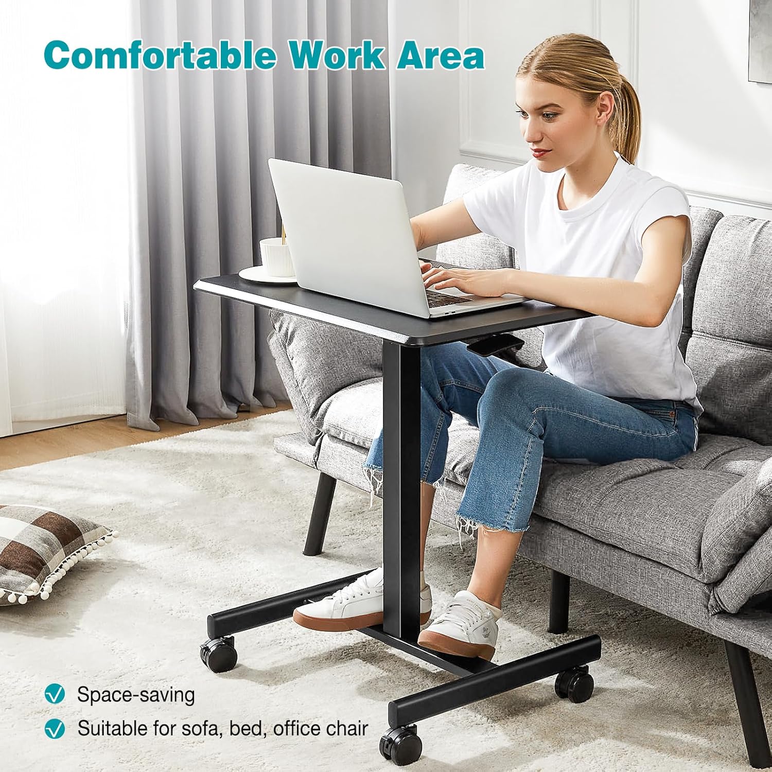 DUMOS Small Rolling Desk Mobile Standing Portable Laptop PC Table with Wheels Adjustable Height Computer Workstation for Home Office, Compact Small Space, Easy Assembly, Modern Black