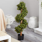 Nearly Natural 33in. Artificial Boxwood Spiral Topiary, Faux Greenery with Black Planter, Indoor/Outdoor Decor