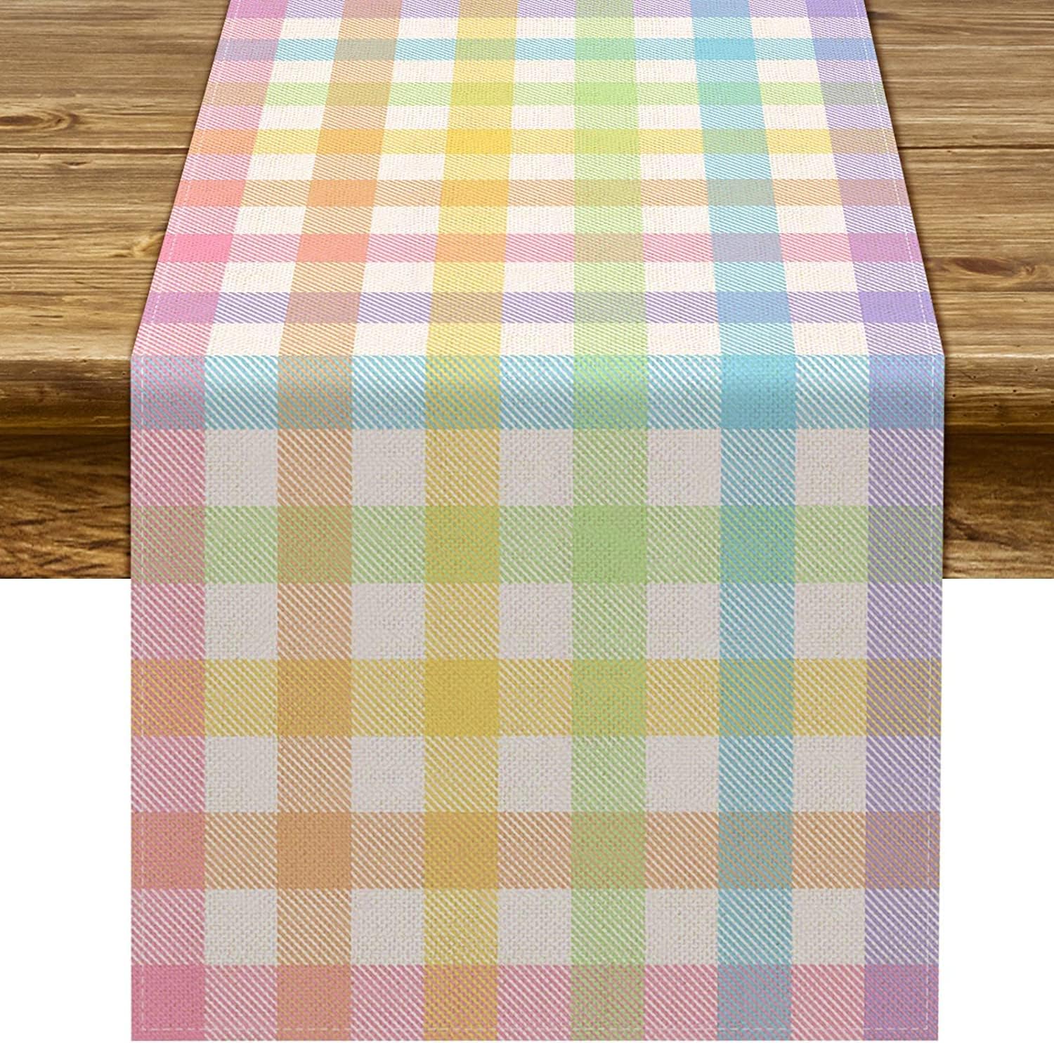 Pudodo Easter Buffalo Plaid Check Table Runner Spring Holiday Farmhouse Fireplace Kitchen Dining Room Home Party Decoration (13" x 90")