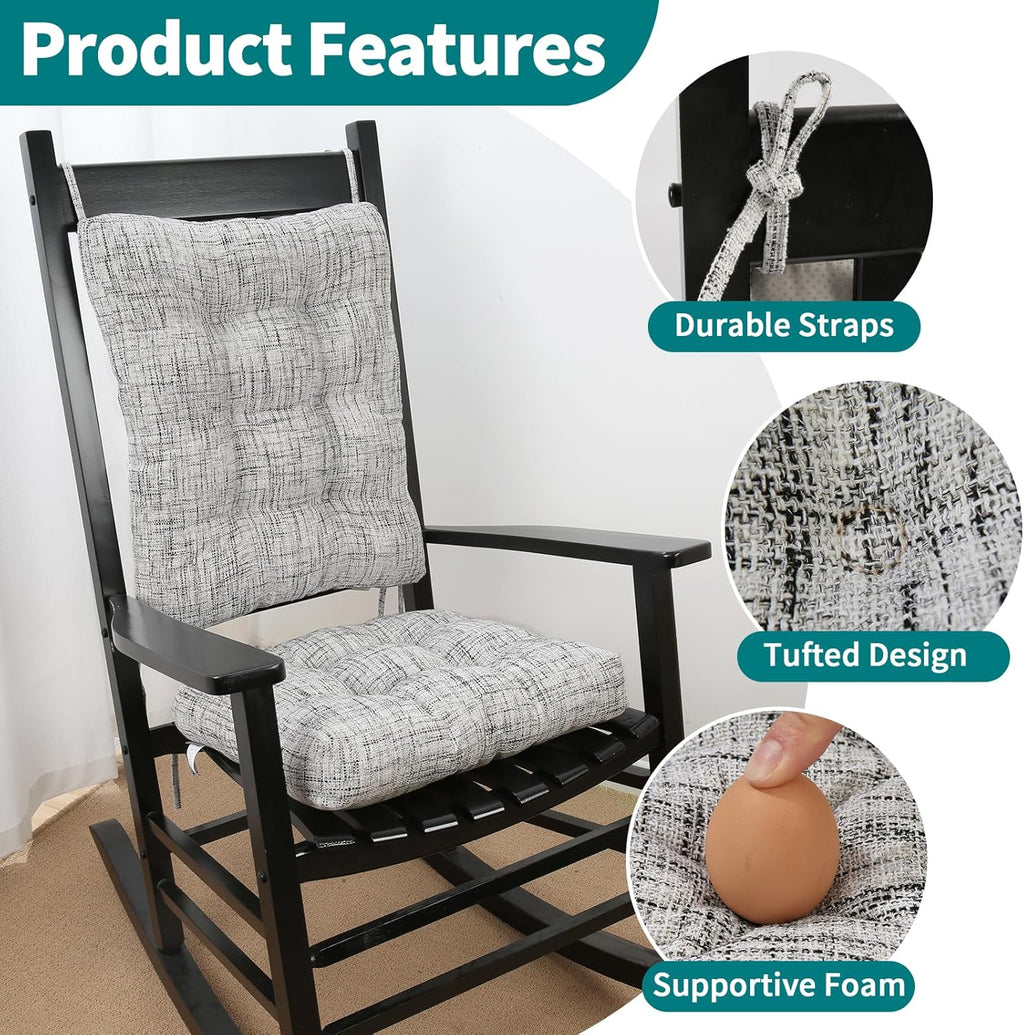 SINOSSO Rocking Chair Cushion Set with Thick Padding, Back Pillow & Seat Cushion with Ties, Modern Interwoven Style Indoor Living Room Rocker Chair Pads for Elderly Sitting, White-Gray