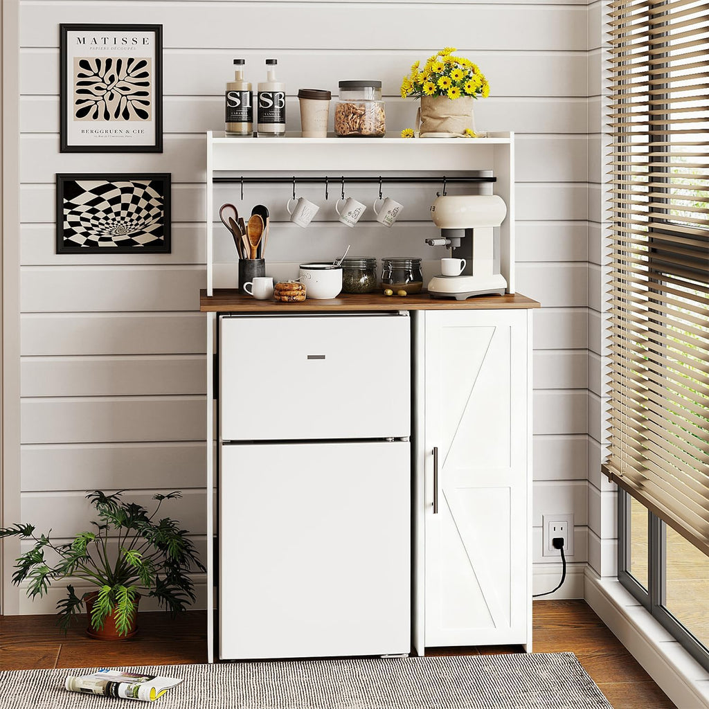 Mini Fridge Stand Coffee Bar Cabinet,Freestadning Coffee Stand Station Bakers Rack with Mini Fridge Space & Power Outlet,for Kitchen Dining Room Living Room,White