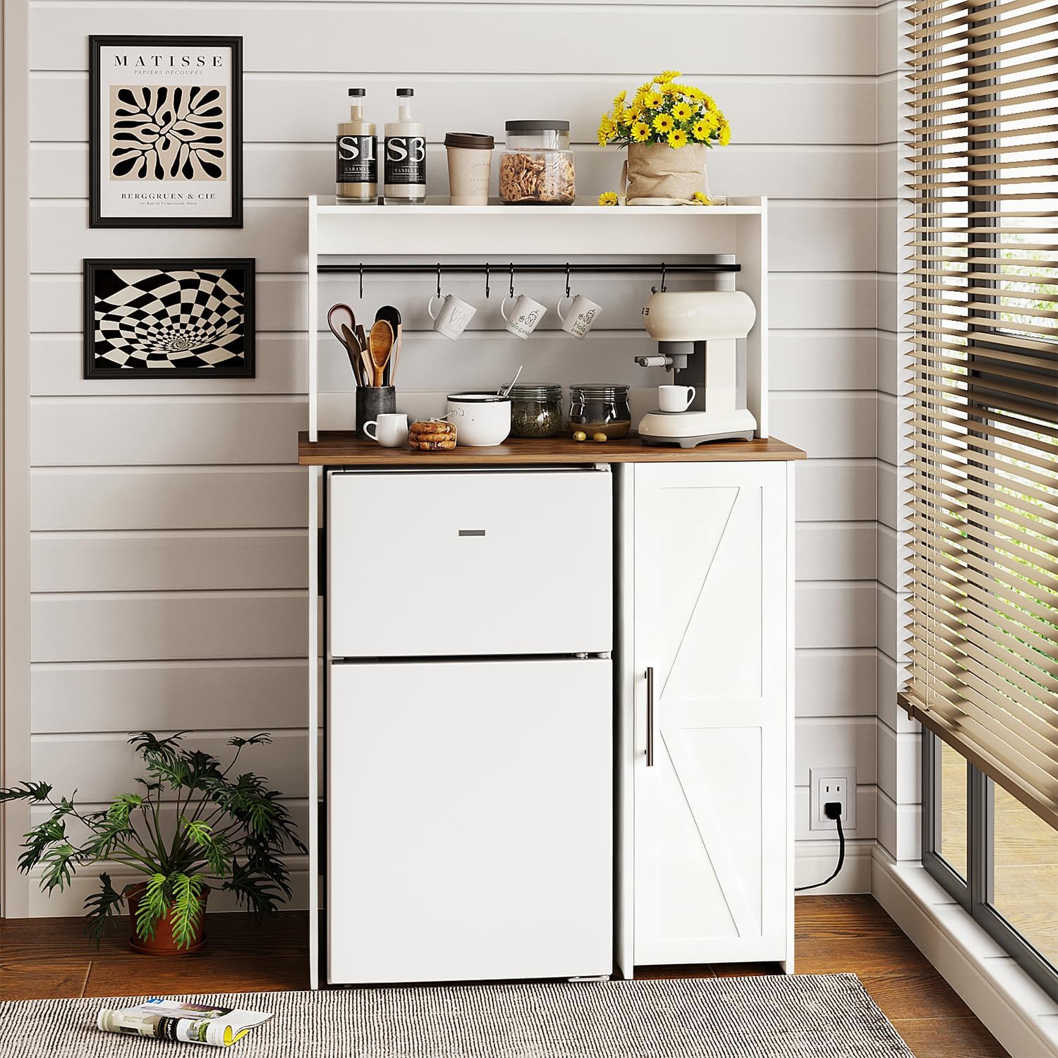 Mini Fridge Stand Coffee Bar Cabinet,Freestadning Coffee Stand Station Bakers Rack with Mini Fridge Space & Power Outlet,for Kitchen Dining Room Living Room,White