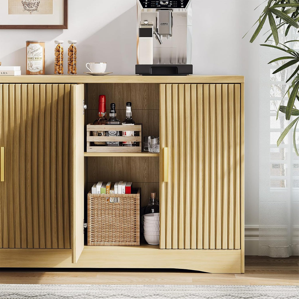 Memobarco 55" Modern Sideboard Buffet Cabinet with Storage, 4 Door Fluted Credenza Table Media Console Cabinet Entryway Cabinets with Adjustable Shelves for Living Room Kitchen, Wood